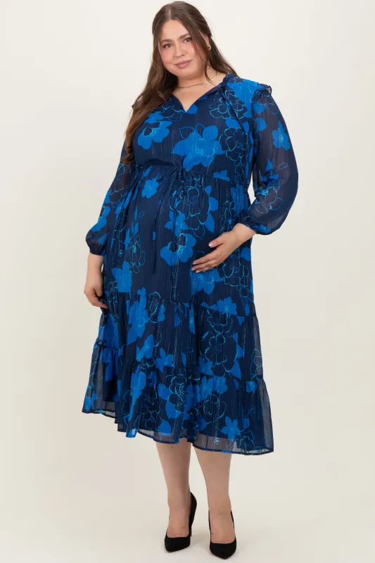 Navy Blue Floral Tiered Plus Maternity Midi Dress sold by Pinkblush