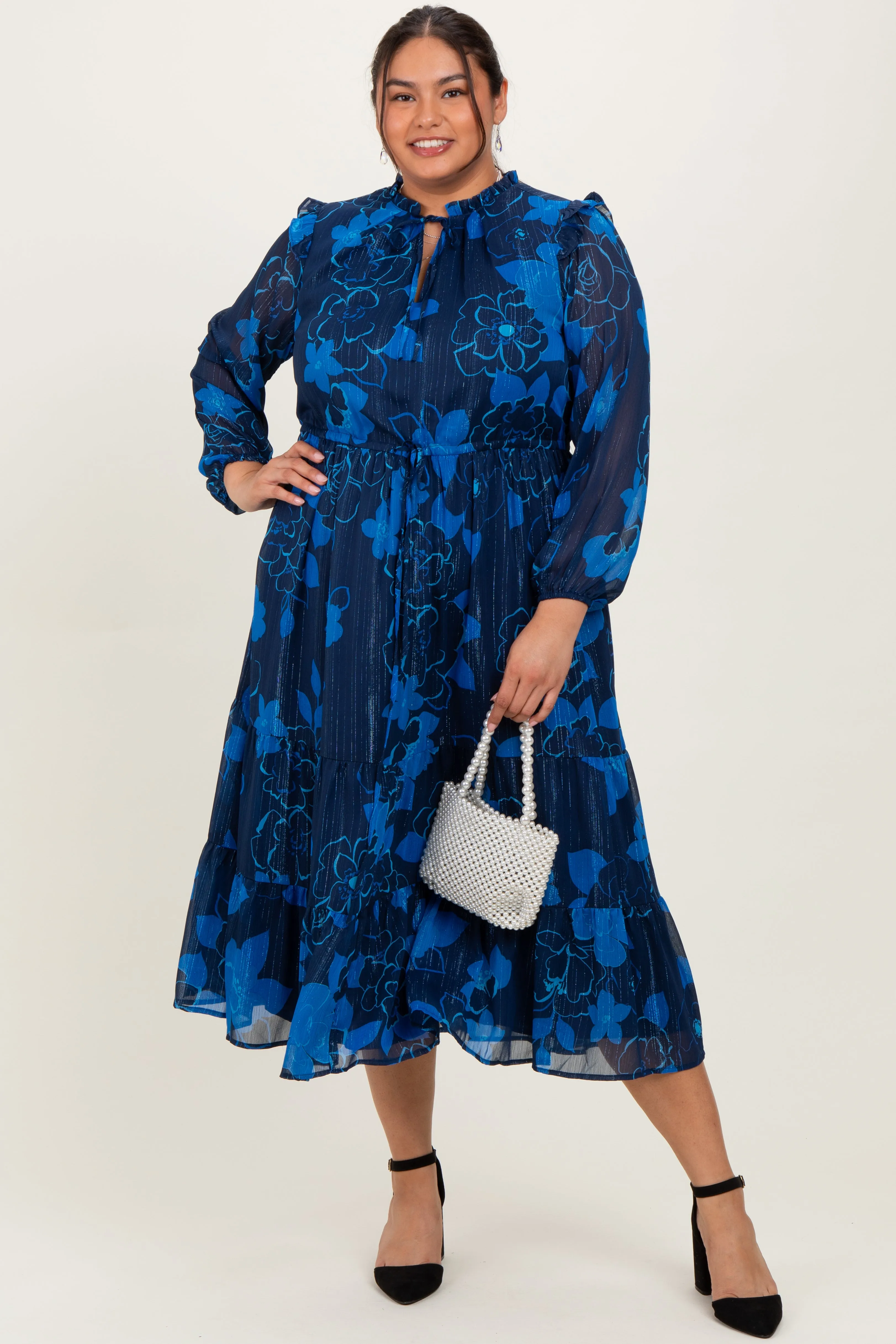 Navy Blue Floral Tiered Plus Maternity Midi Dress sold by Pinkblush product image thumbnail 5