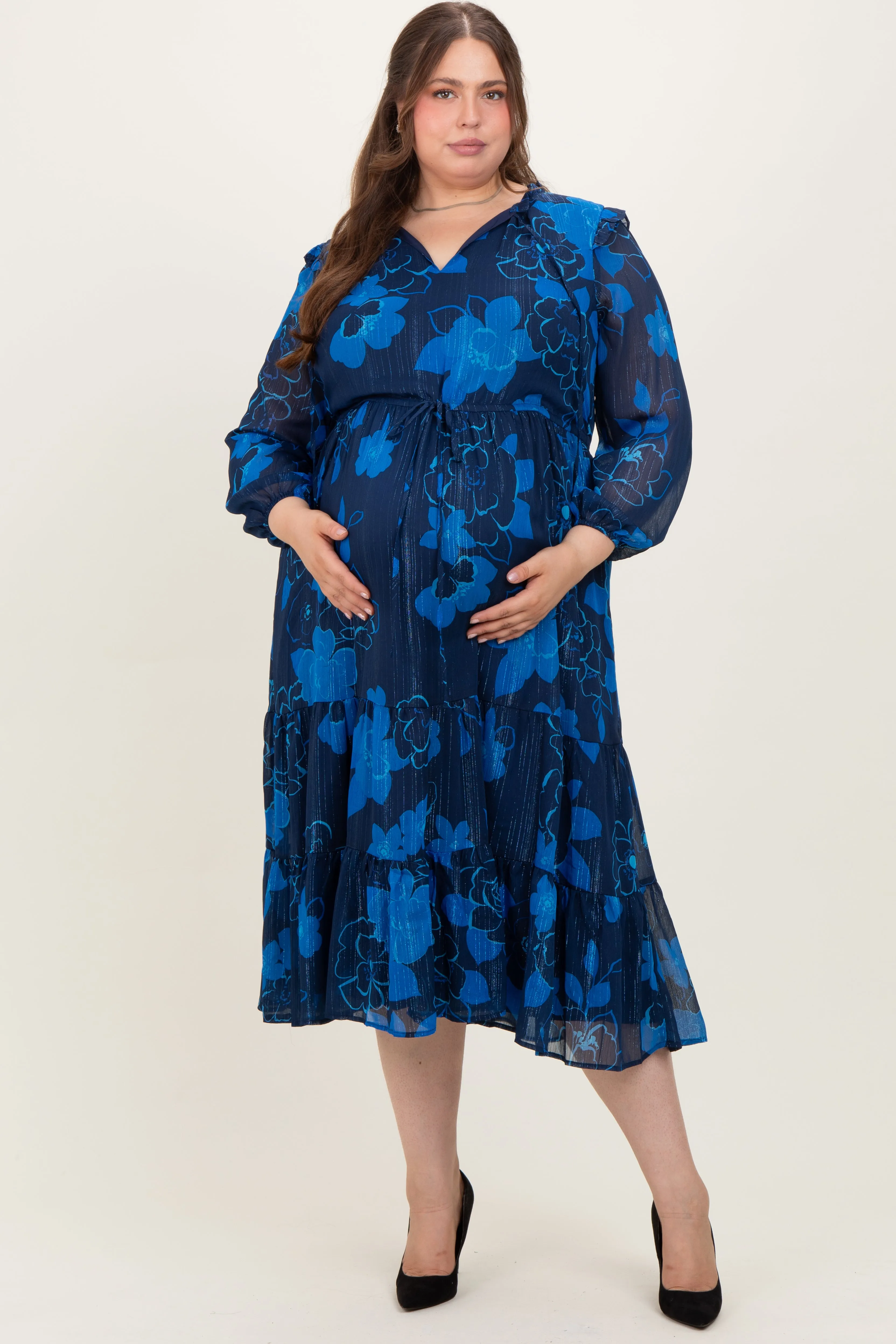 Navy Blue Floral Tiered Plus Maternity Midi Dress sold by Pinkblush product image thumbnail 2