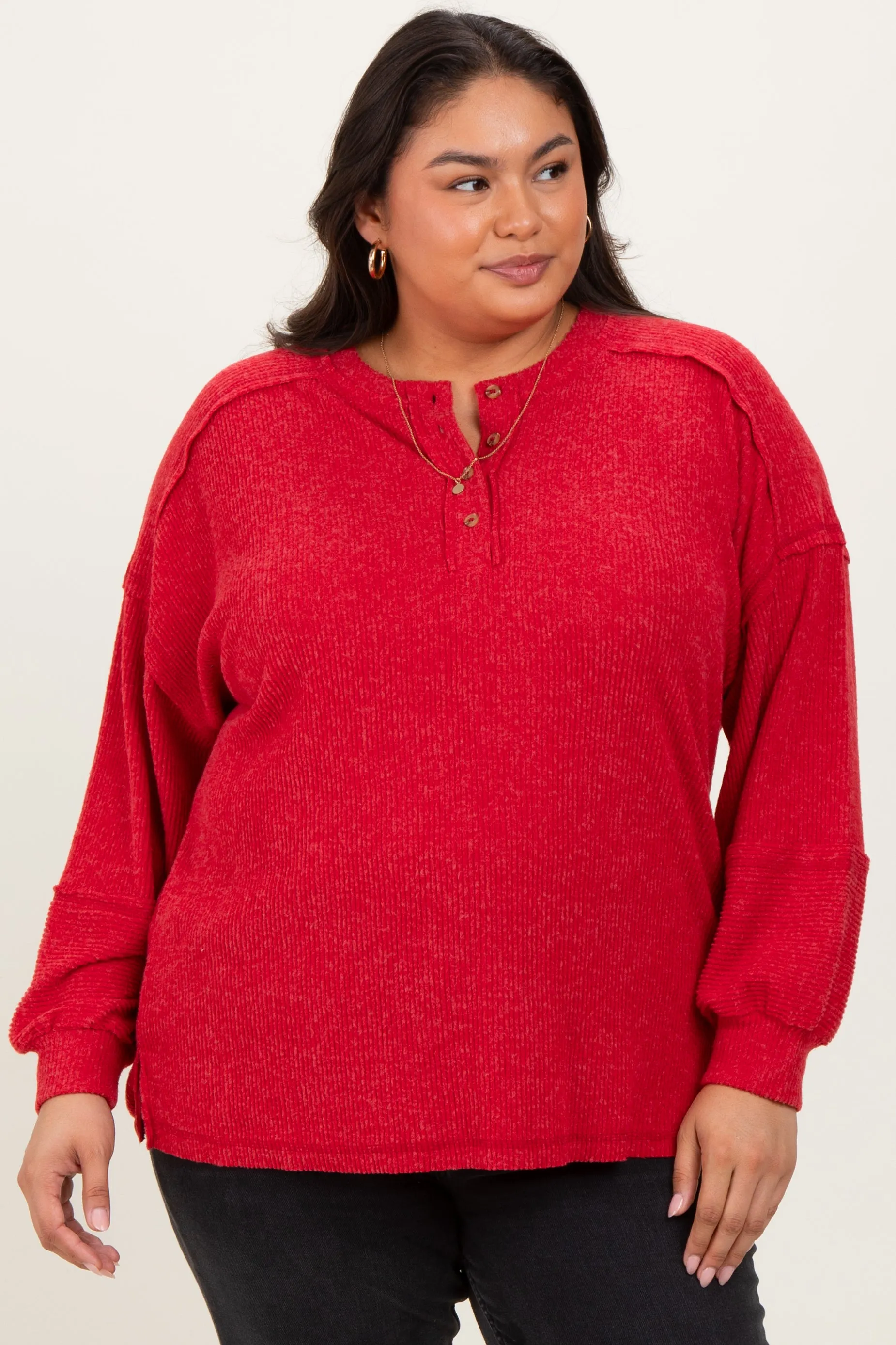 Red Oversized Ribbed Knit Henley Maternity Plus Sweater sold by Pinkblush product image thumbnail 5