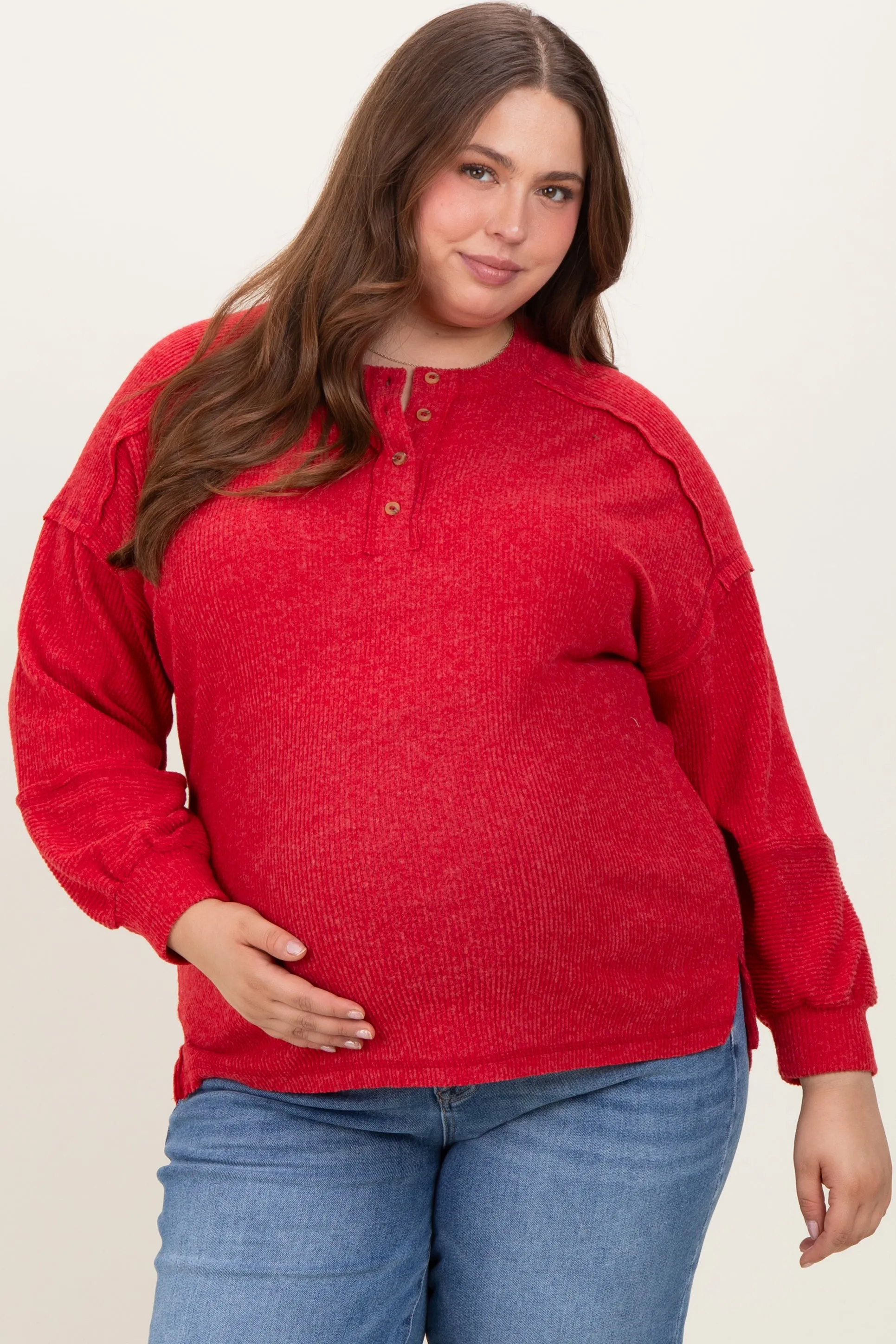 Red Oversized Ribbed Knit Henley Maternity Plus Sweater sold by Pinkblush product image thumbnail 2