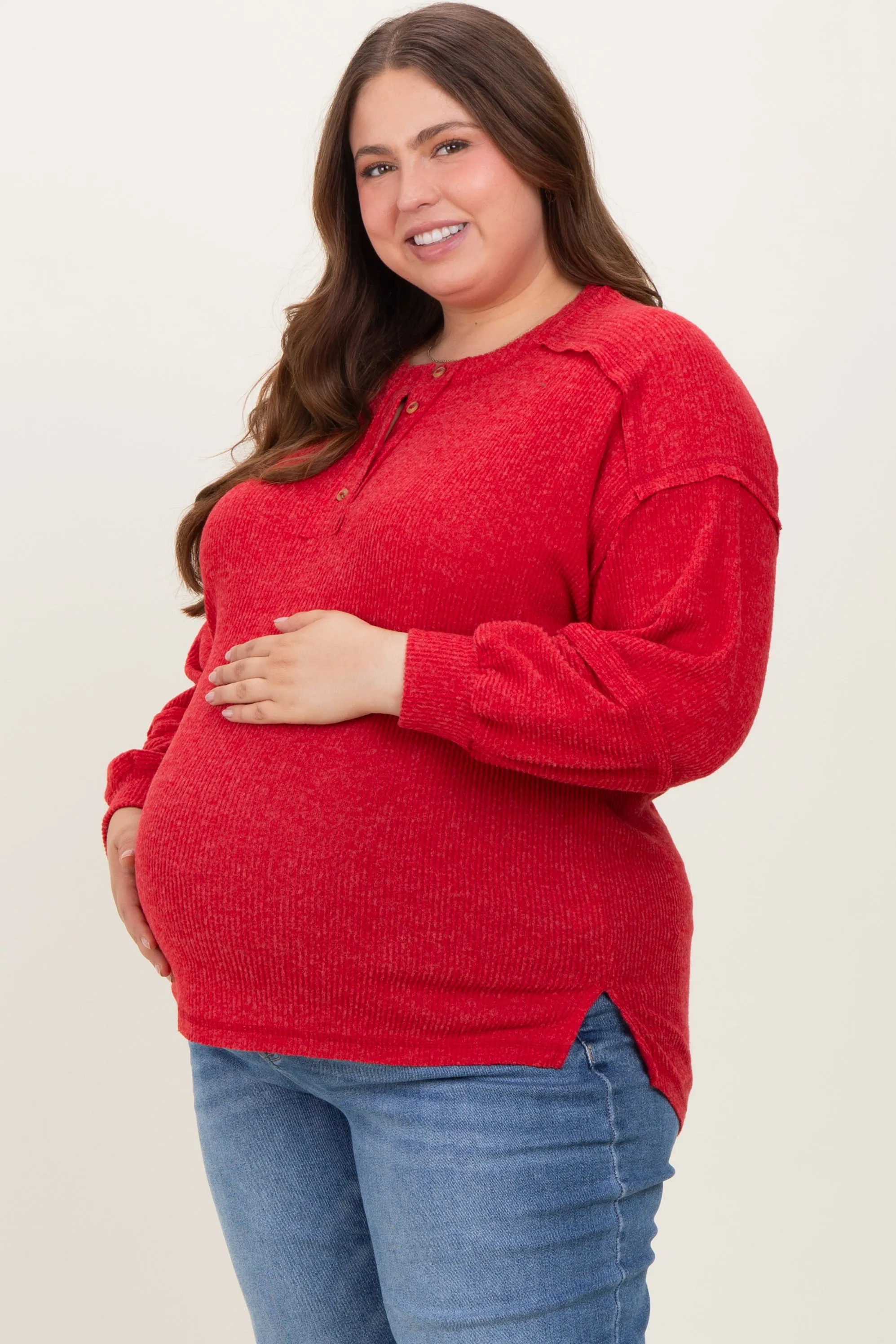 Red Oversized Ribbed Knit Henley Maternity Plus Sweater sold by Pinkblush product image thumbnail 3