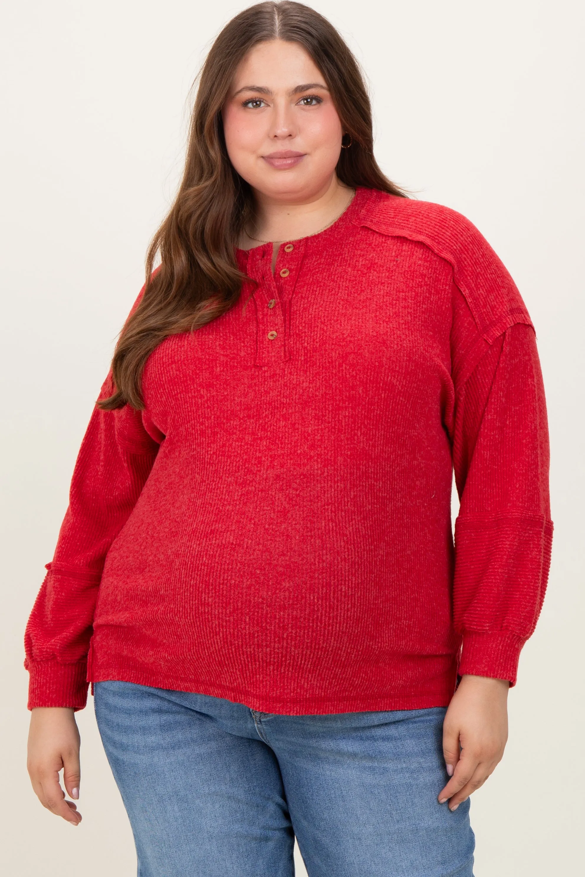 Red Oversized Ribbed Knit Henley Maternity Plus Sweater sold by Pinkblush