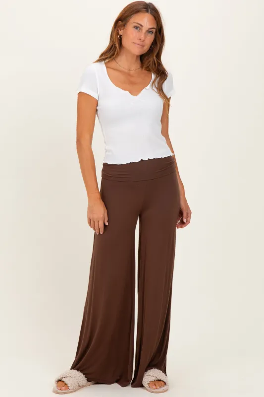 Brown Fold Over Waist Wide Leg Lounge Pants sold by Pinkblush