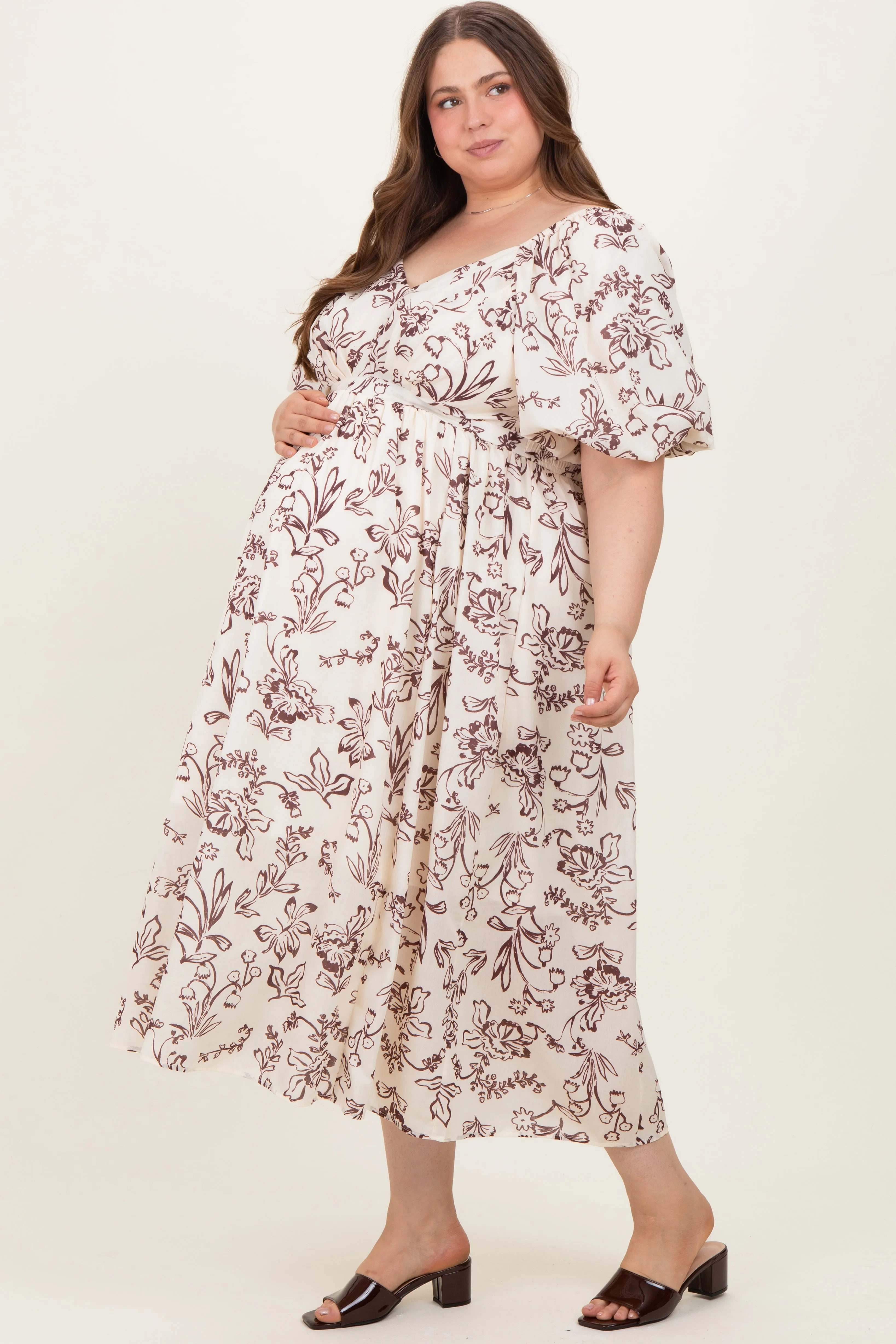 Cream/Brown Floral Print Bubble Sleeve Maternity Maxi Dress Plus Size sold by Pinkblush product image thumbnail 3