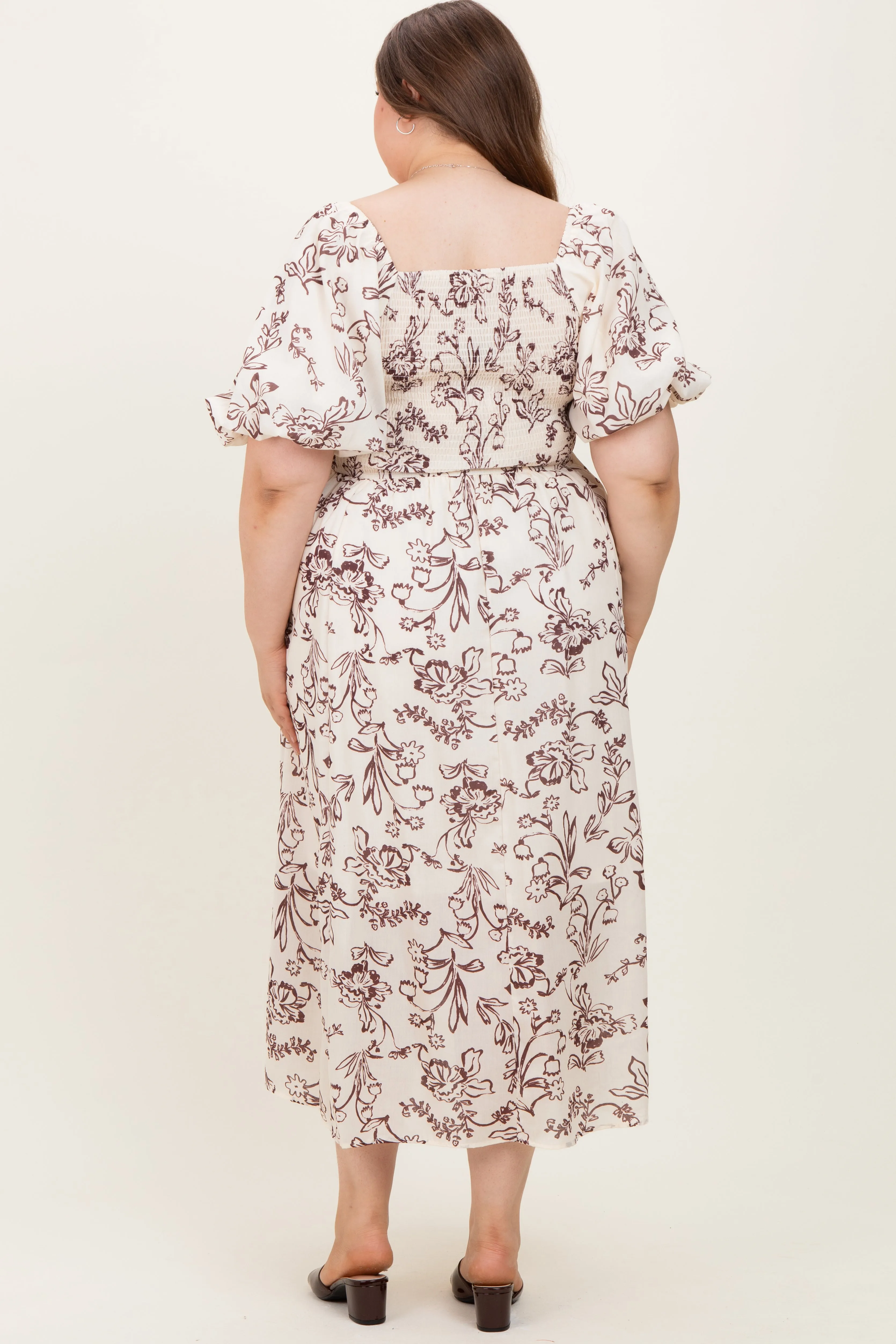 Cream/Brown Floral Print Bubble Sleeve Maternity Maxi Dress Plus Size sold by Pinkblush product image thumbnail 4