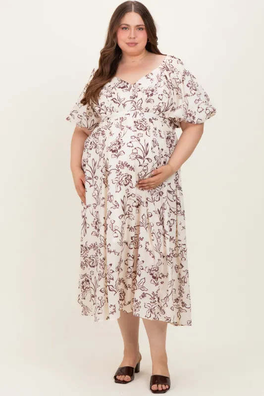 Cream/Brown Floral Print Bubble Sleeve Maternity Maxi Dress Plus Size sold by Pinkblush