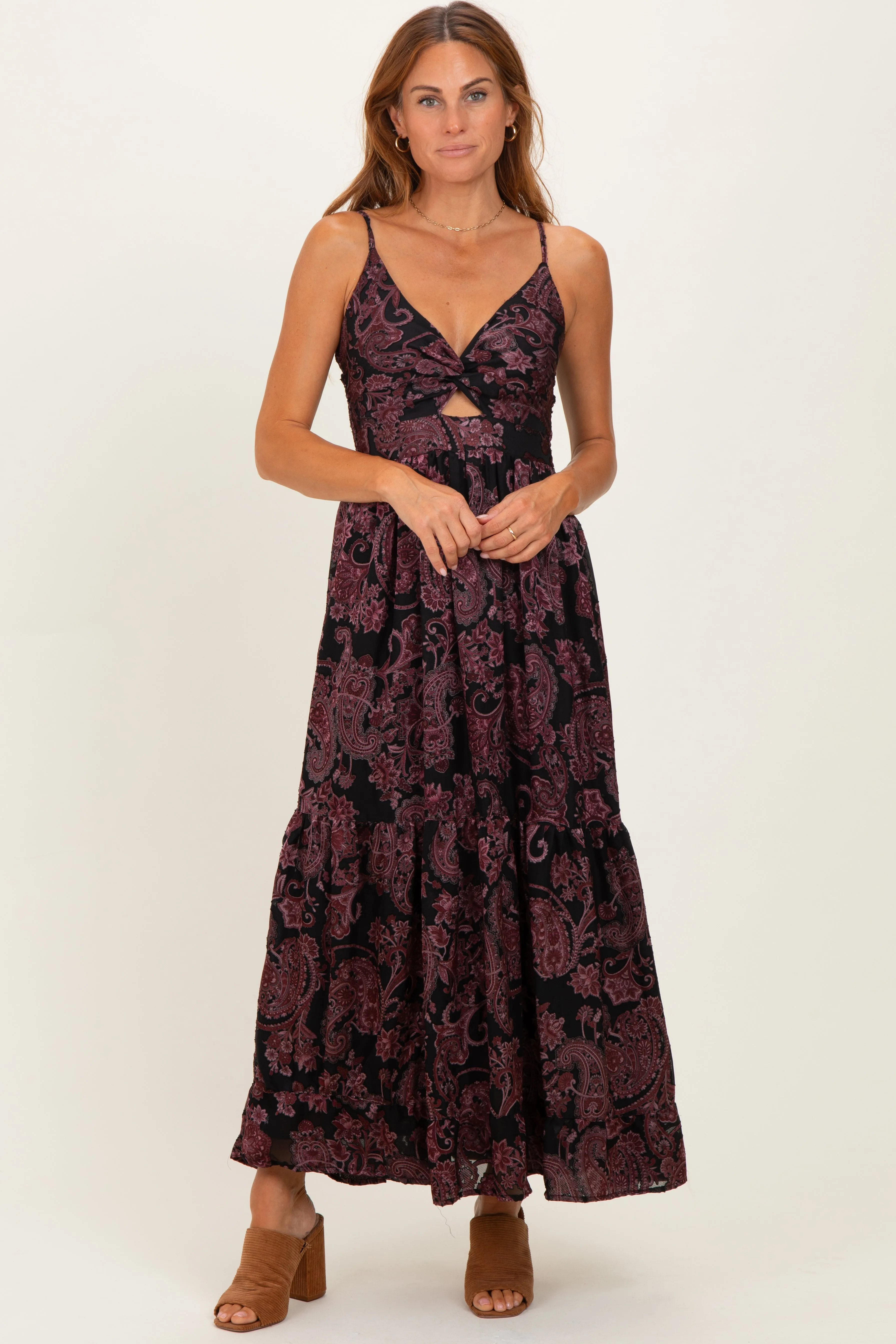 Black Paisley Sleeveless Twist Front Maxi Dress sold by Pinkblush