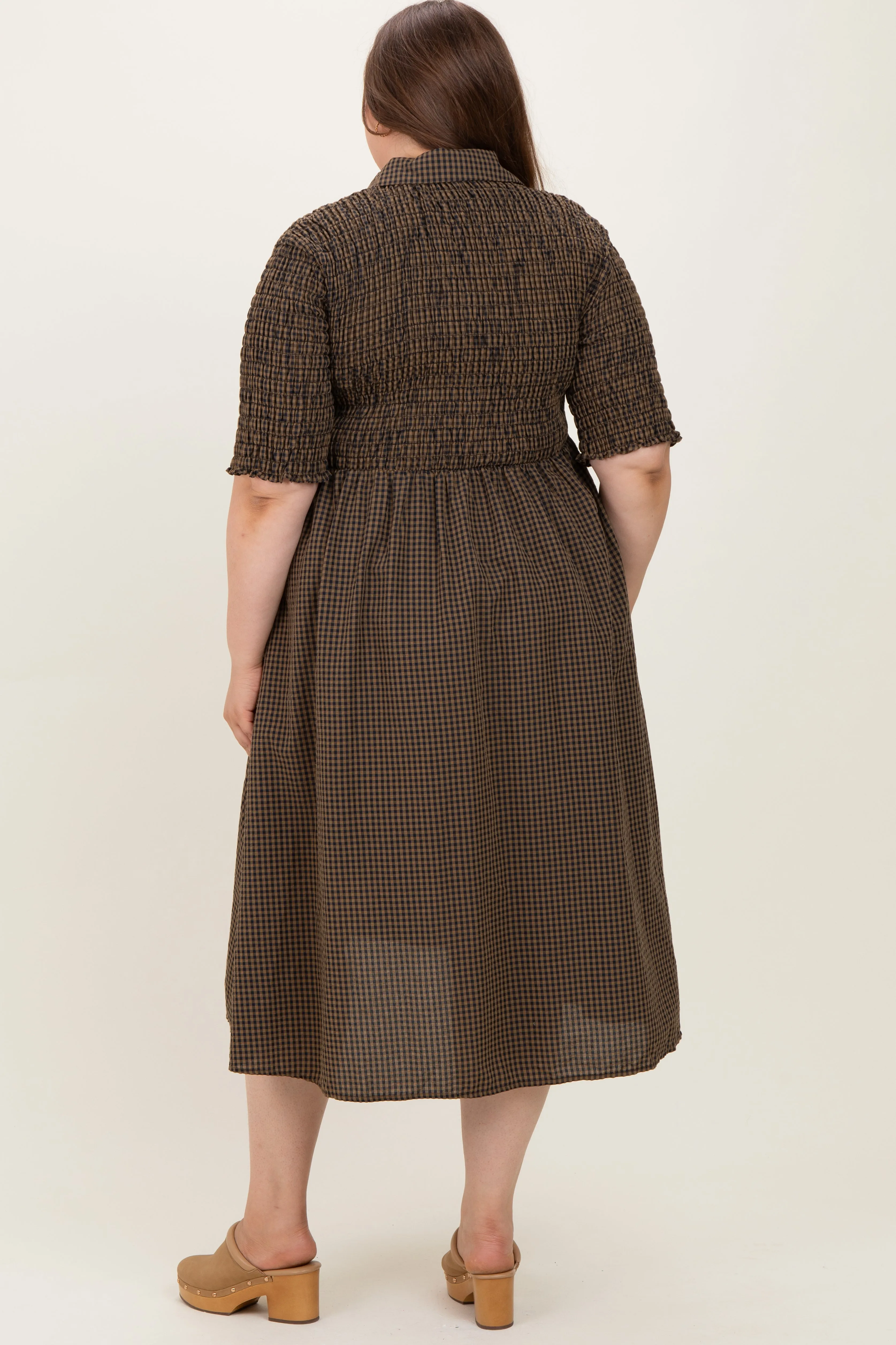 Brown Gingham Smocked Button Down Maternity Plus Midi Dress sold by Pinkblush product image thumbnail 4
