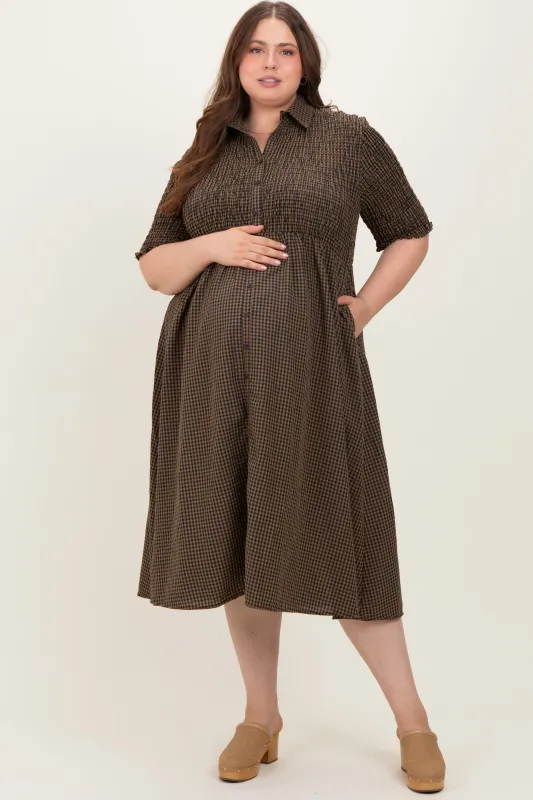 Brown Gingham Smocked Button Down Maternity Plus Midi Dress sold by Pinkblush