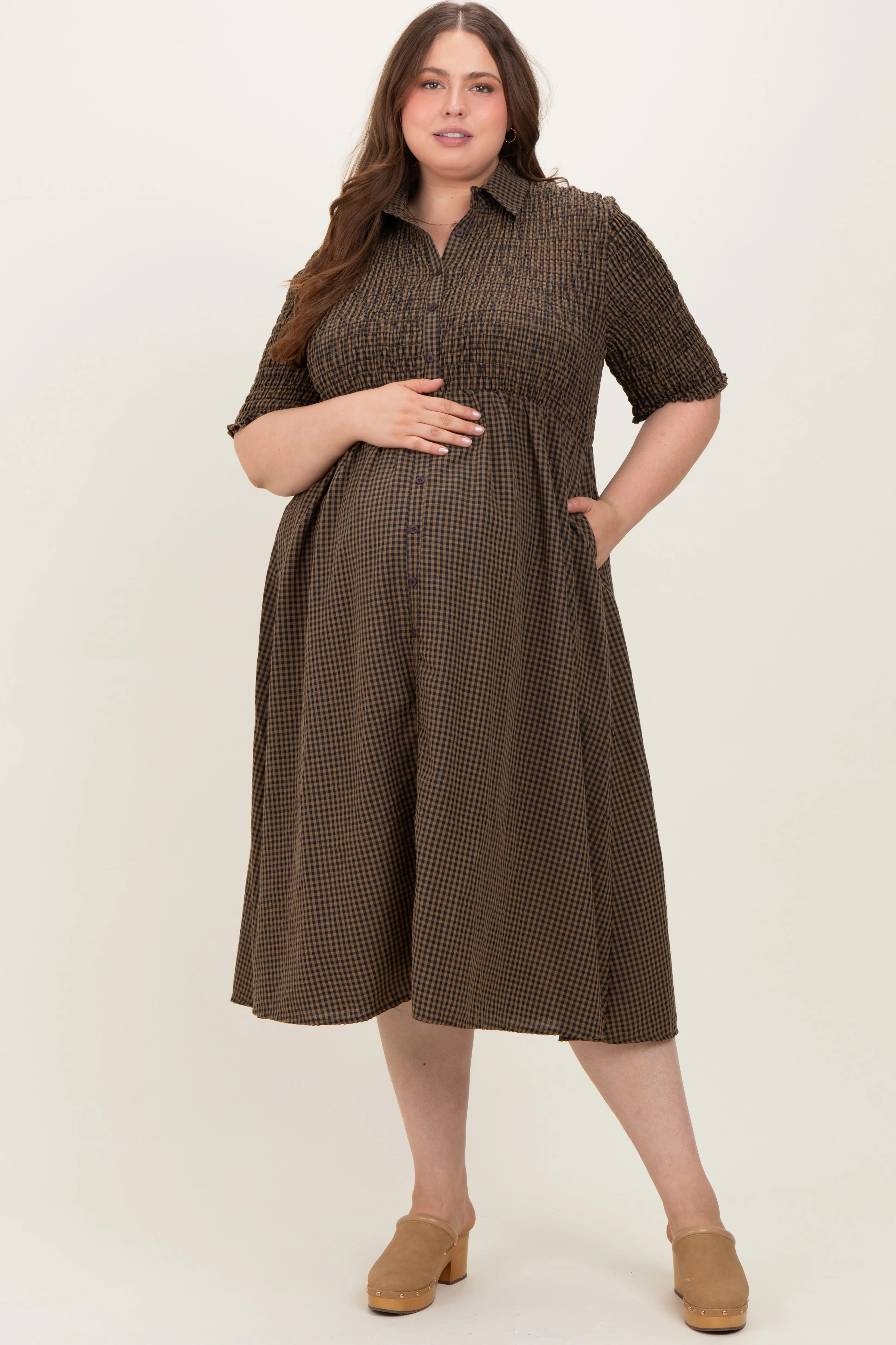 Brown Gingham Smocked Button Down Maternity Plus Midi Dress sold by Pinkblush
