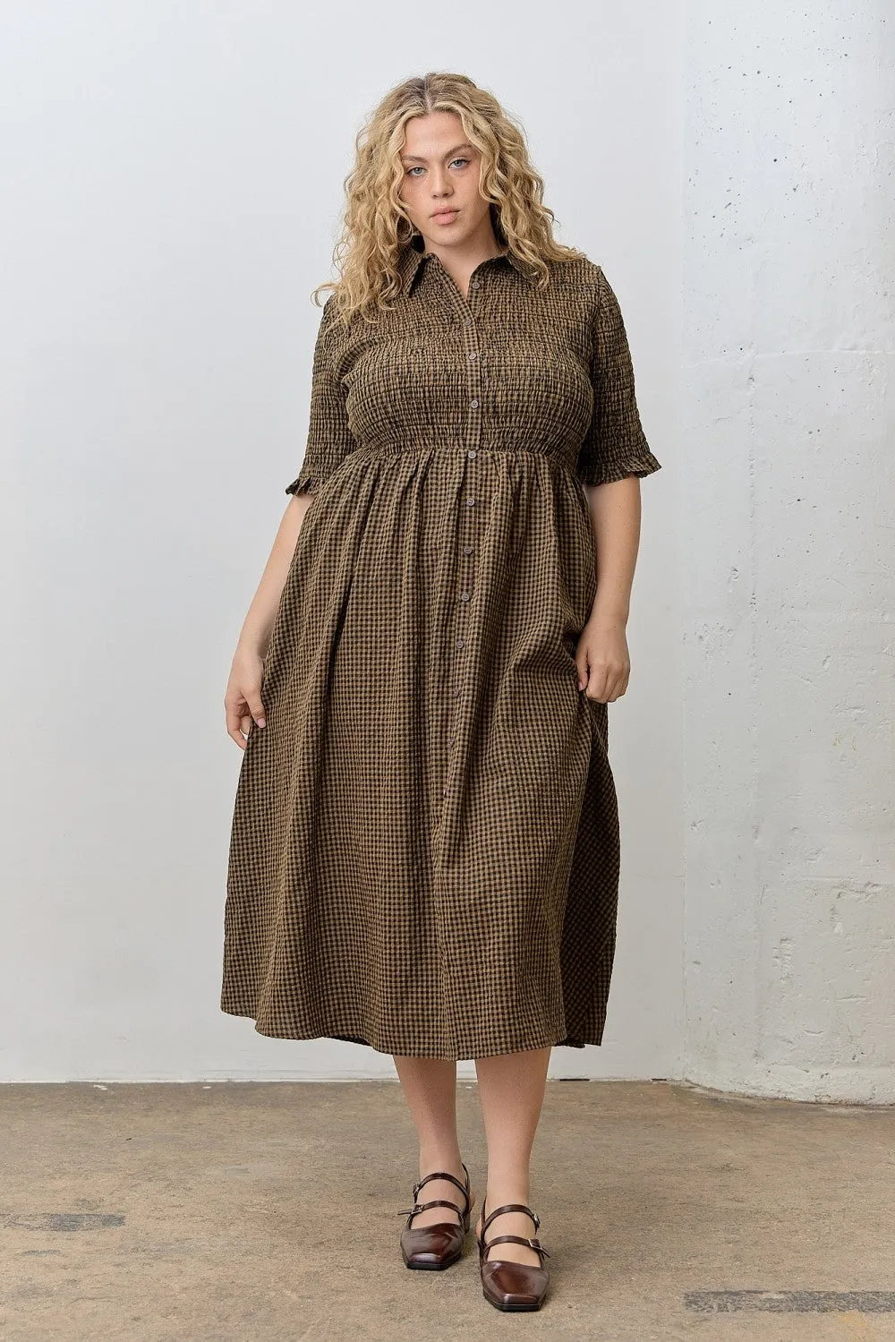 Brown Gingham Smocked Button Down Maternity Plus Midi Dress sold by Pinkblush product image thumbnail 5