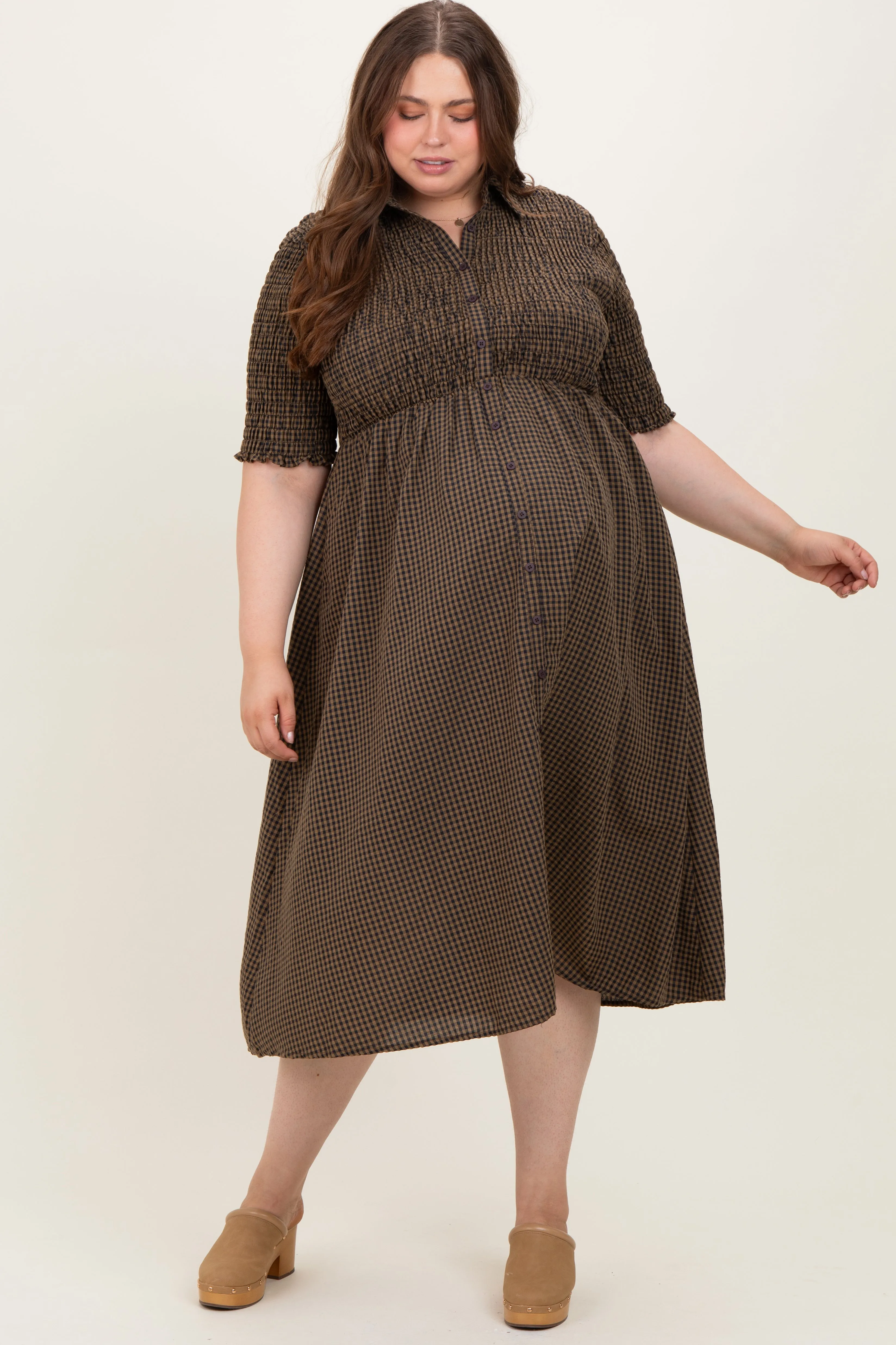 Brown Gingham Smocked Button Down Maternity Plus Midi Dress sold by Pinkblush product image thumbnail 2