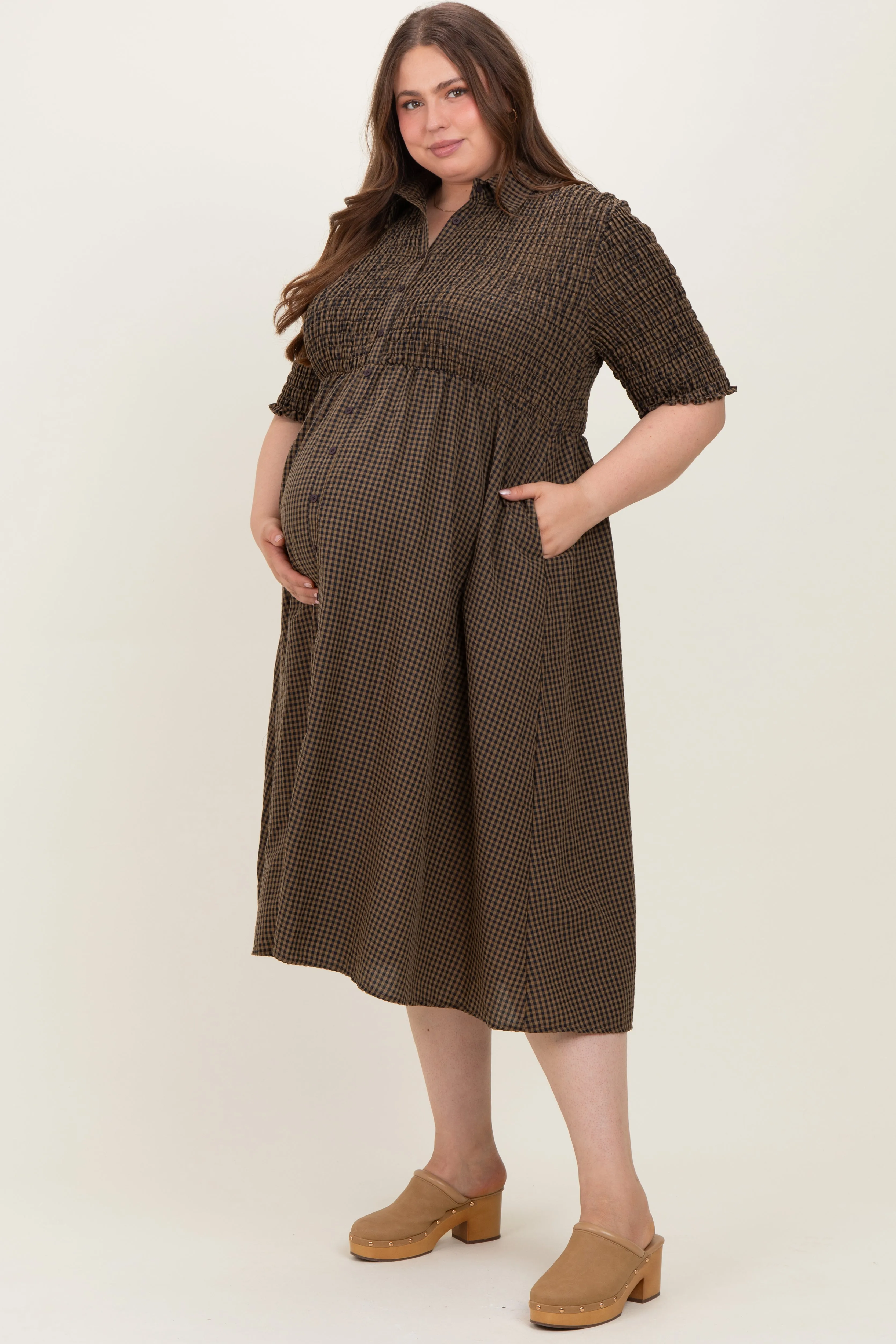 Brown Gingham Smocked Button Down Maternity Plus Midi Dress sold by Pinkblush product image thumbnail 3