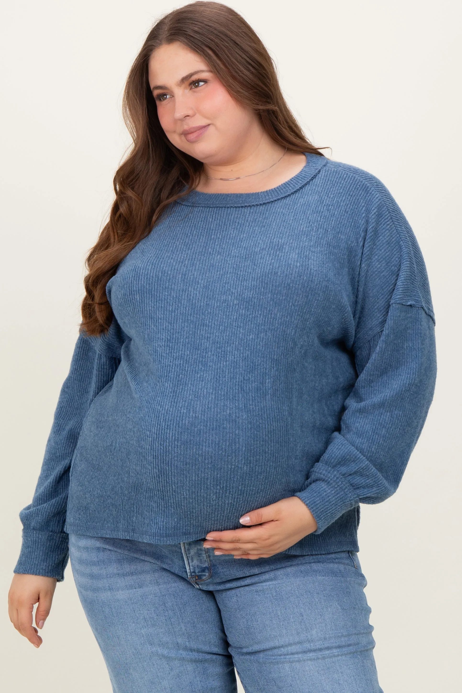 Blue Brushed Ribbed Knit Maternity Plus Pullover sold by Pinkblush product image thumbnail 2