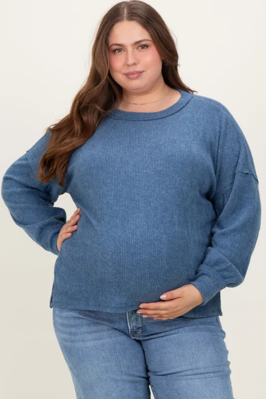 Blue Brushed Ribbed Knit Maternity Plus Pullover sold by Pinkblush