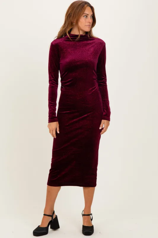 Burgundy Glitter Velvet Ruched Midi Dress sold by Pinkblush
