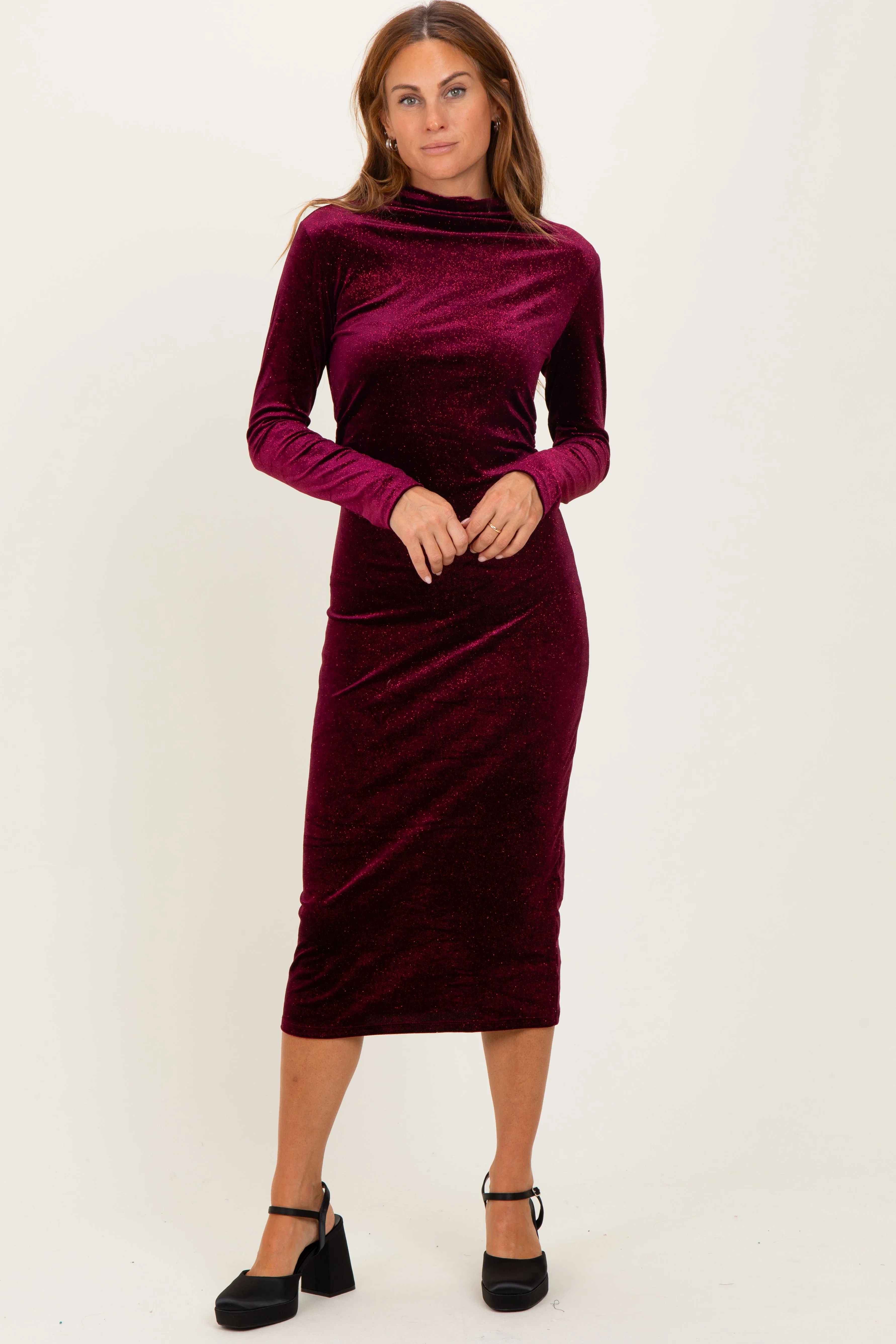 Burgundy Glitter Velvet Ruched Midi Dress sold by Pinkblush product image thumbnail 2
