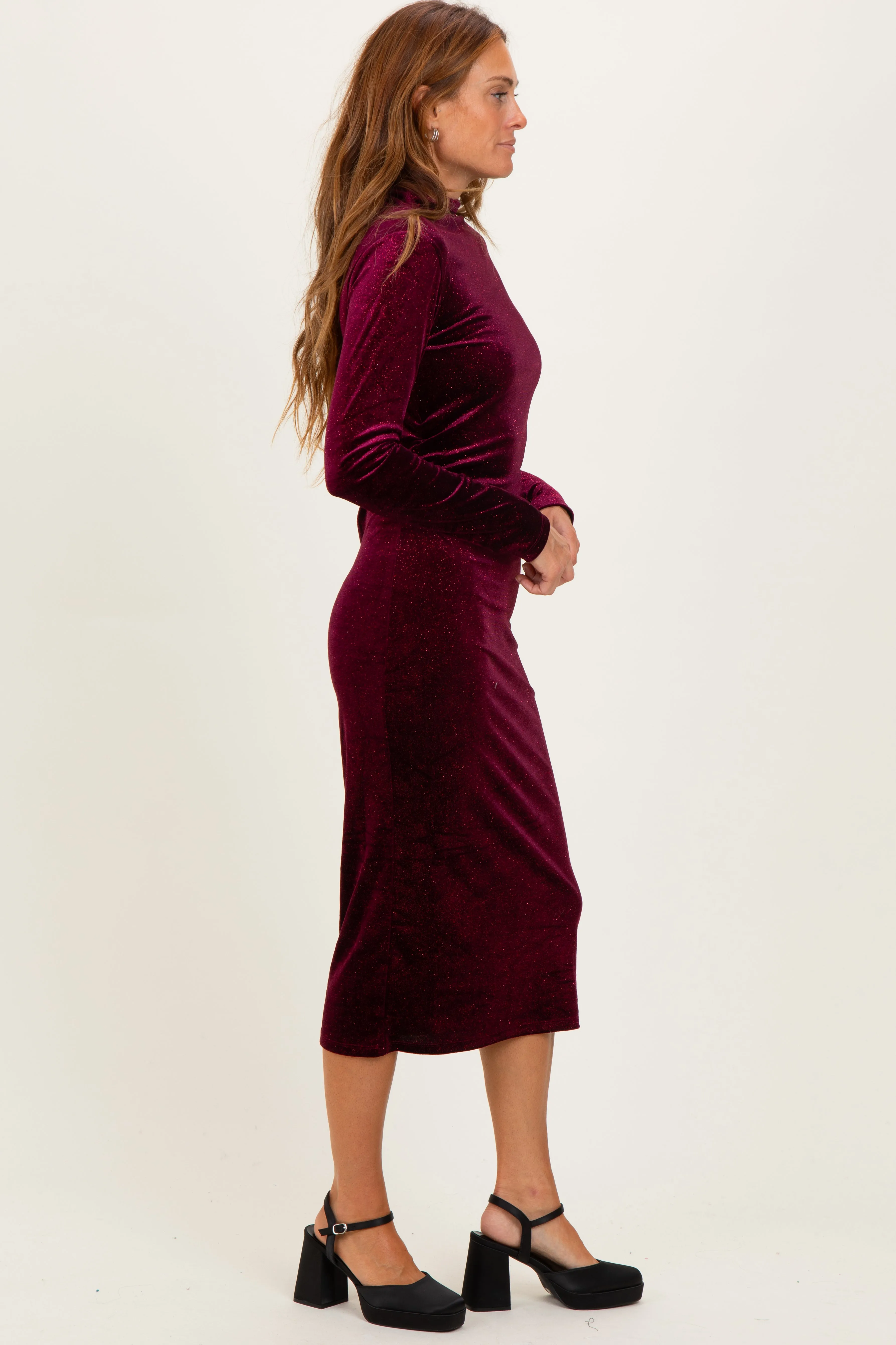 Burgundy Glitter Velvet Ruched Midi Dress sold by Pinkblush product image thumbnail 3