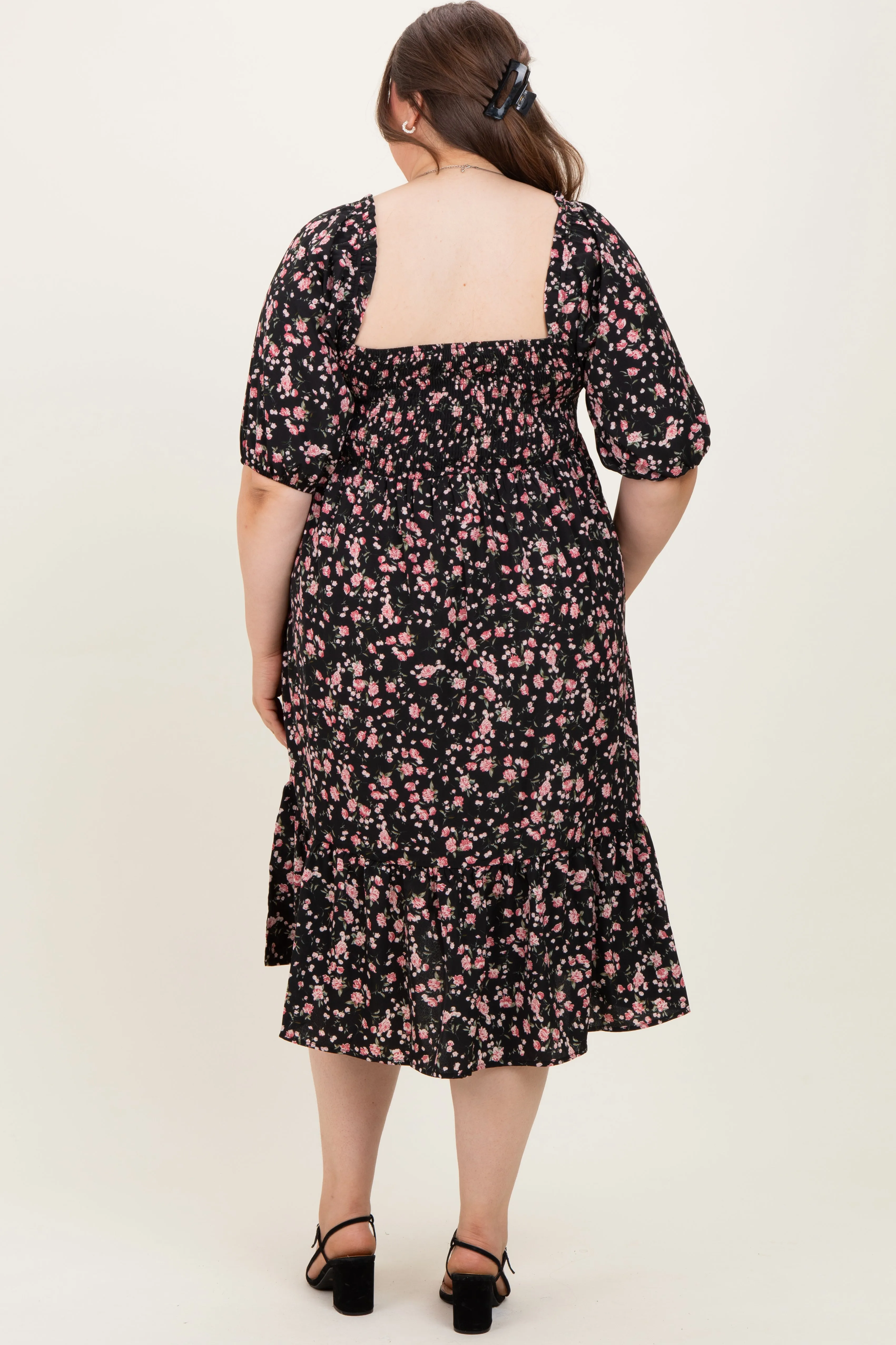 Black Floral Smocked Maternity Plus Midi Dress sold by Pinkblush product image thumbnail 4