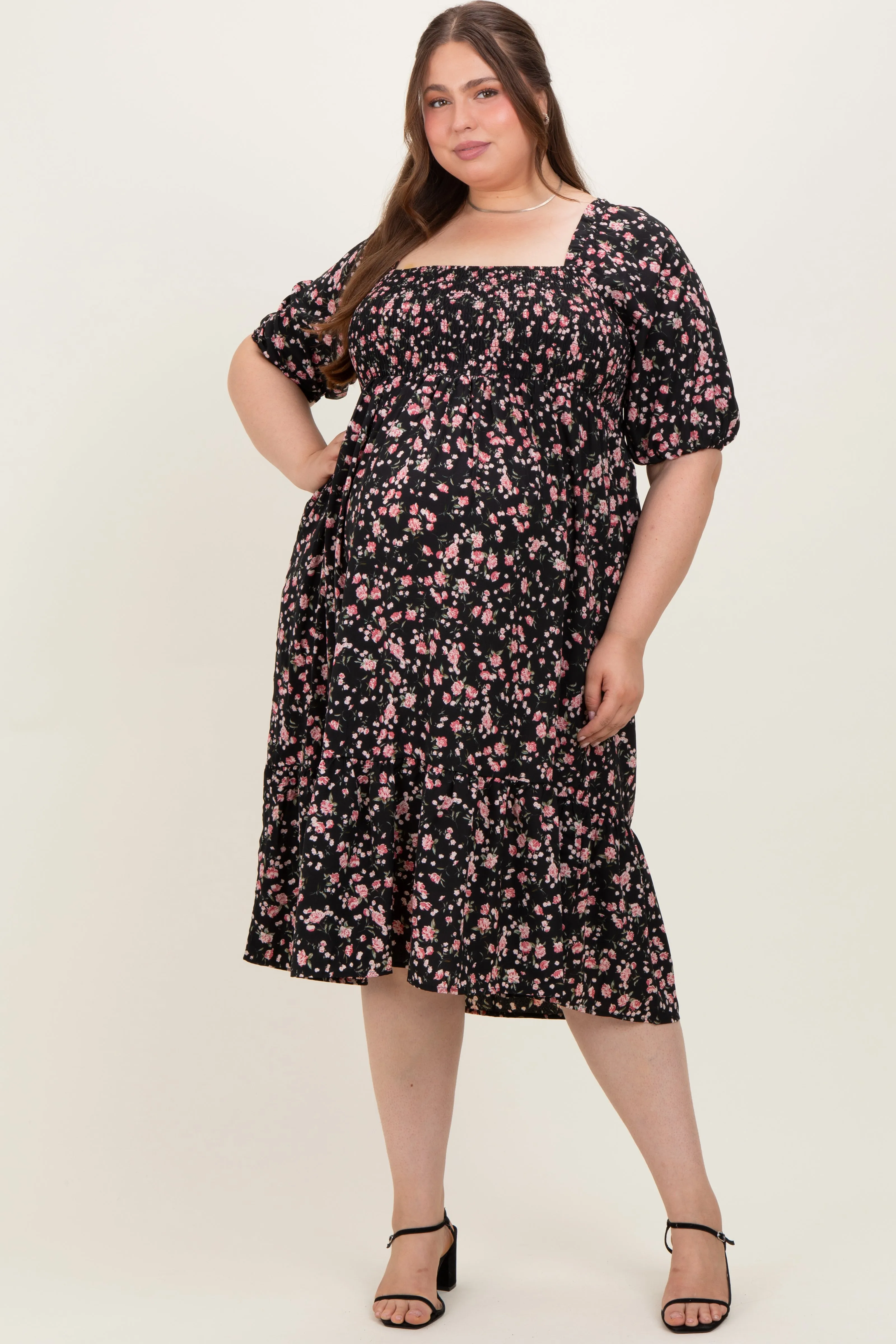 Black Floral Smocked Maternity Plus Midi Dress sold by Pinkblush product image thumbnail 2