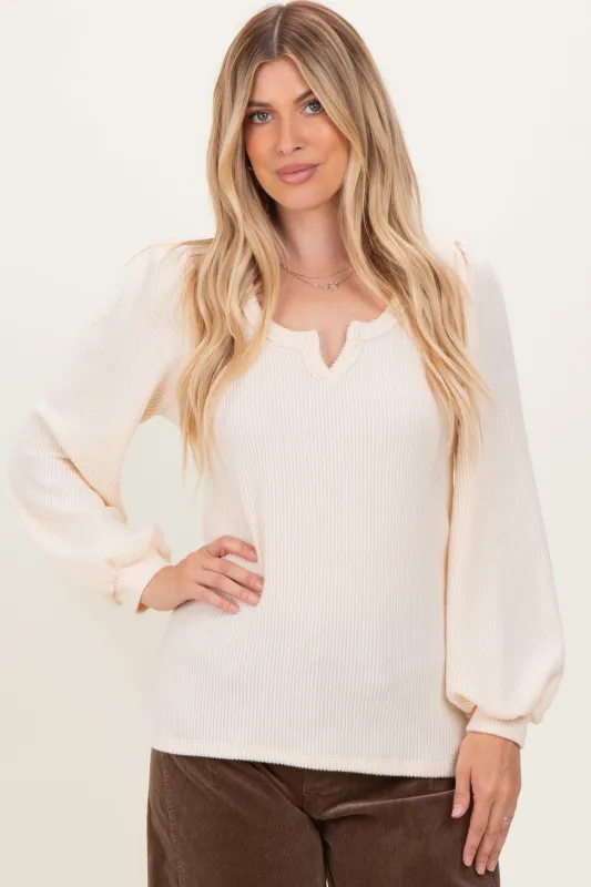Cream Solid Ribbed Long Sleeve V-Neck Tunic Top sold by Pinkblush