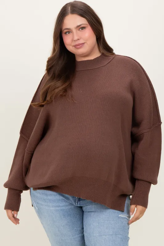 Brown Mock Neck Exposed Seam Maternity Sweater sold by Pinkblush