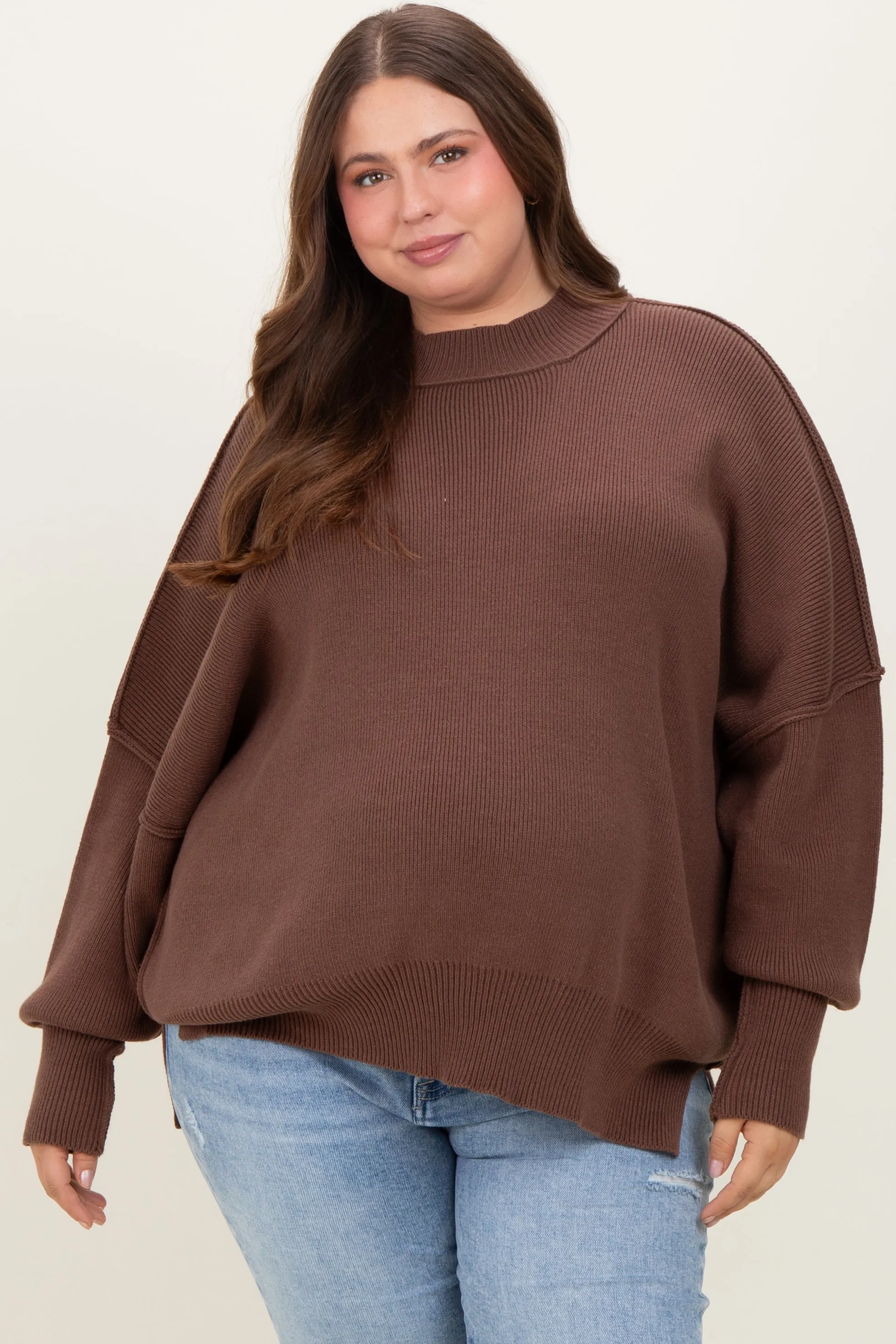 Brown Mock Neck Exposed Seam Maternity Sweater sold by Pinkblush