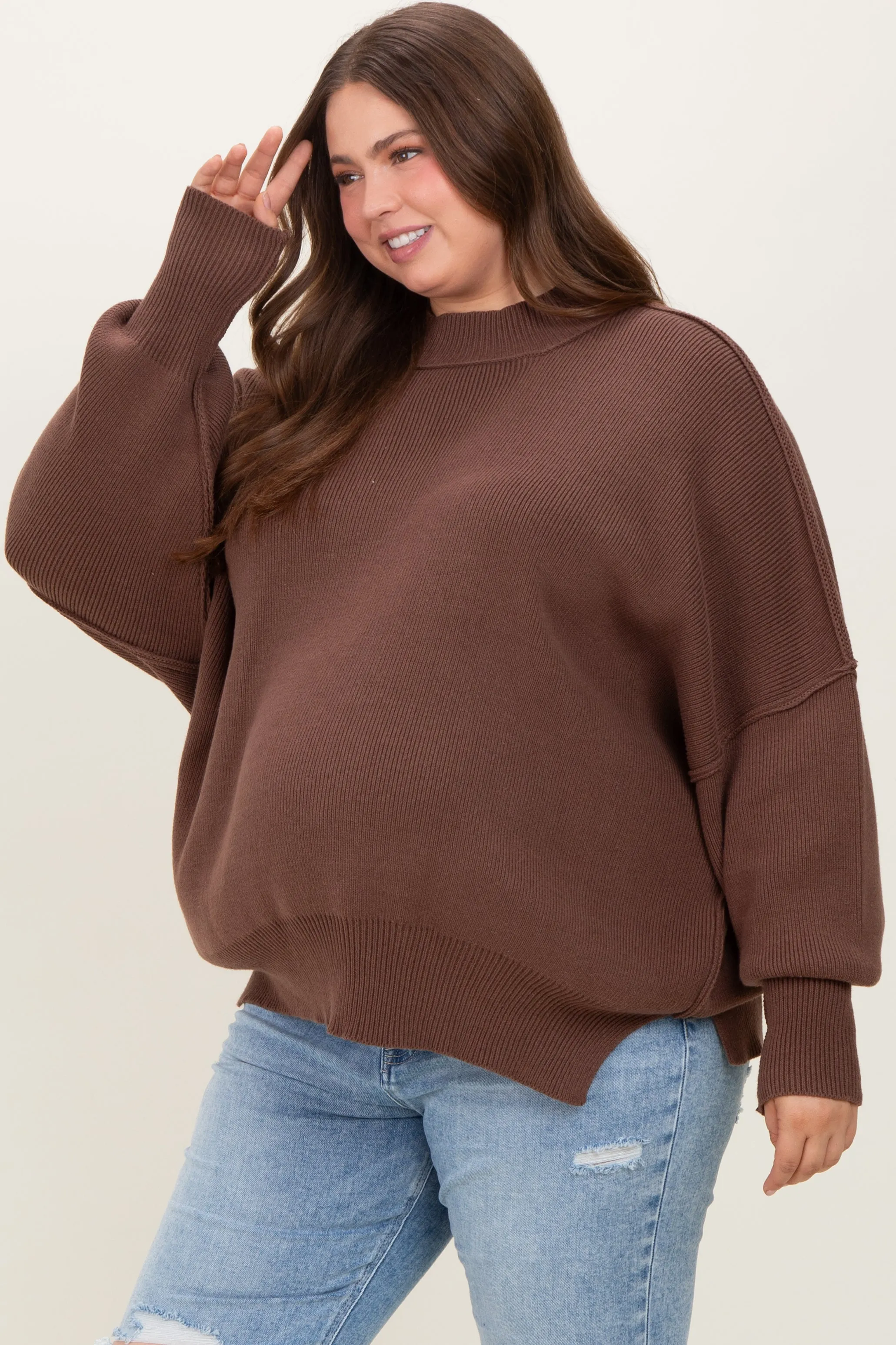 Brown Mock Neck Exposed Seam Maternity Sweater sold by Pinkblush product image thumbnail 2