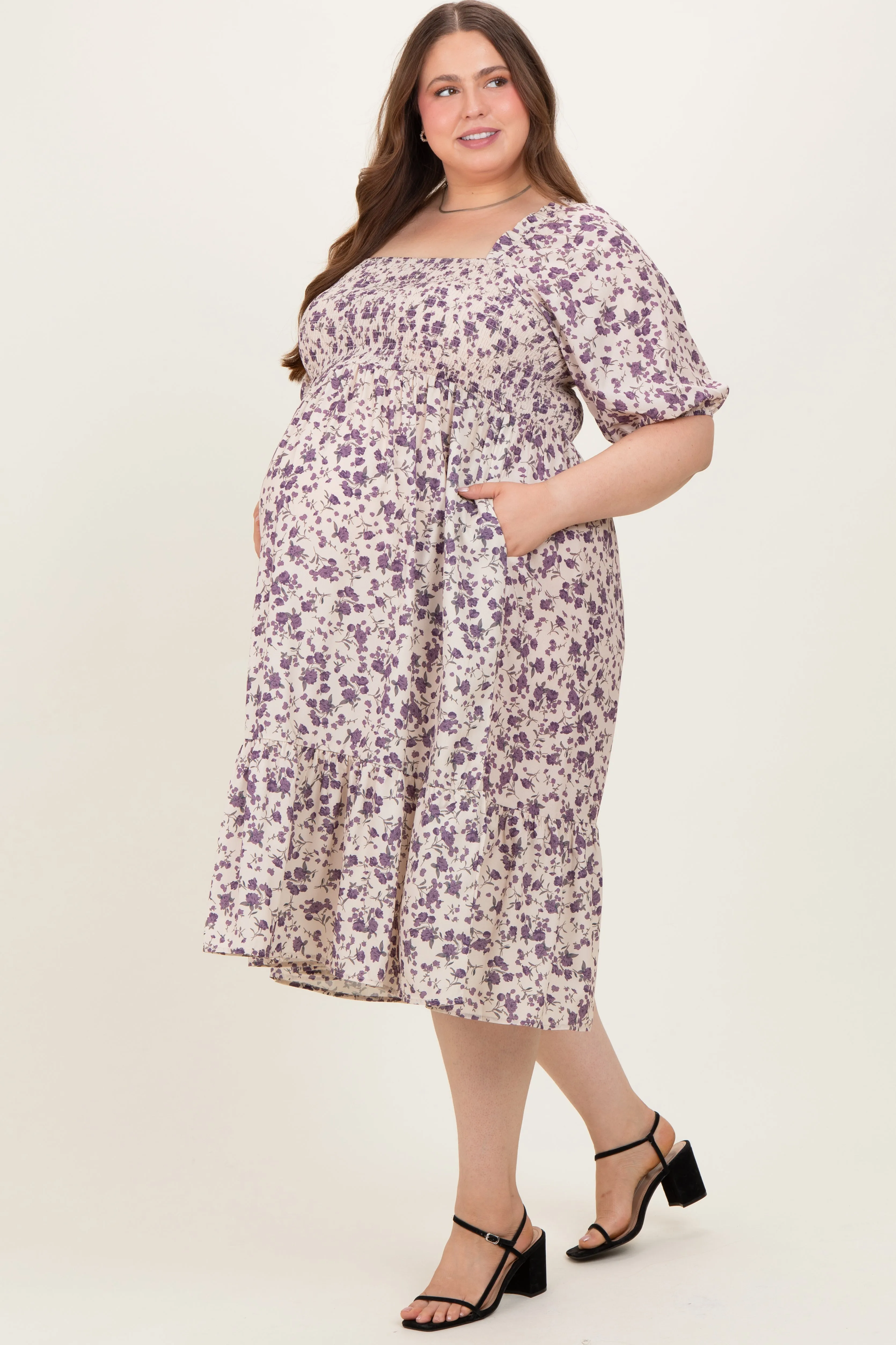 Cream Floral Smocked Maternity Plus Midi Dress sold by Pinkblush product image thumbnail 3
