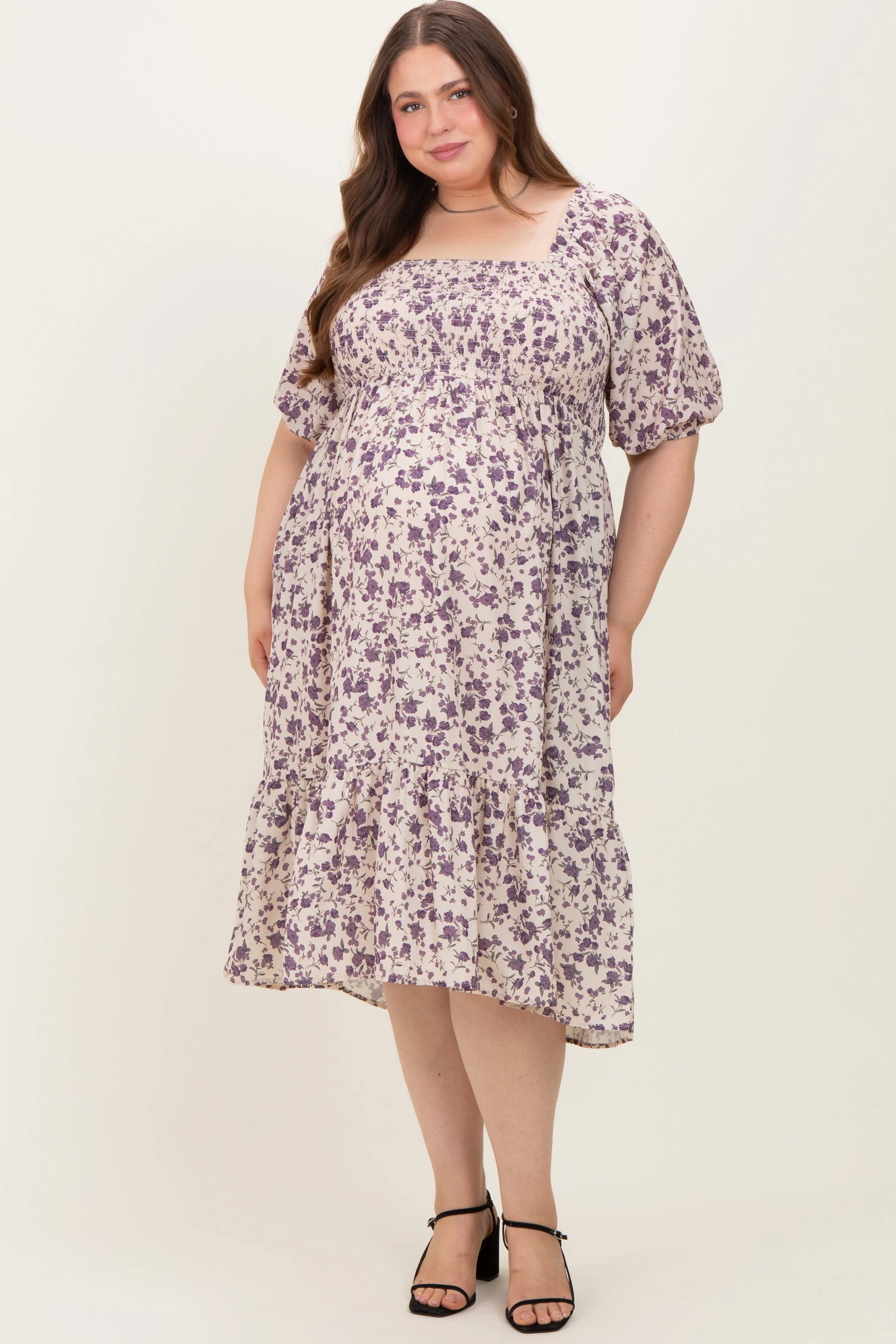 Cream Floral Smocked Maternity Plus Midi Dress sold by Pinkblush