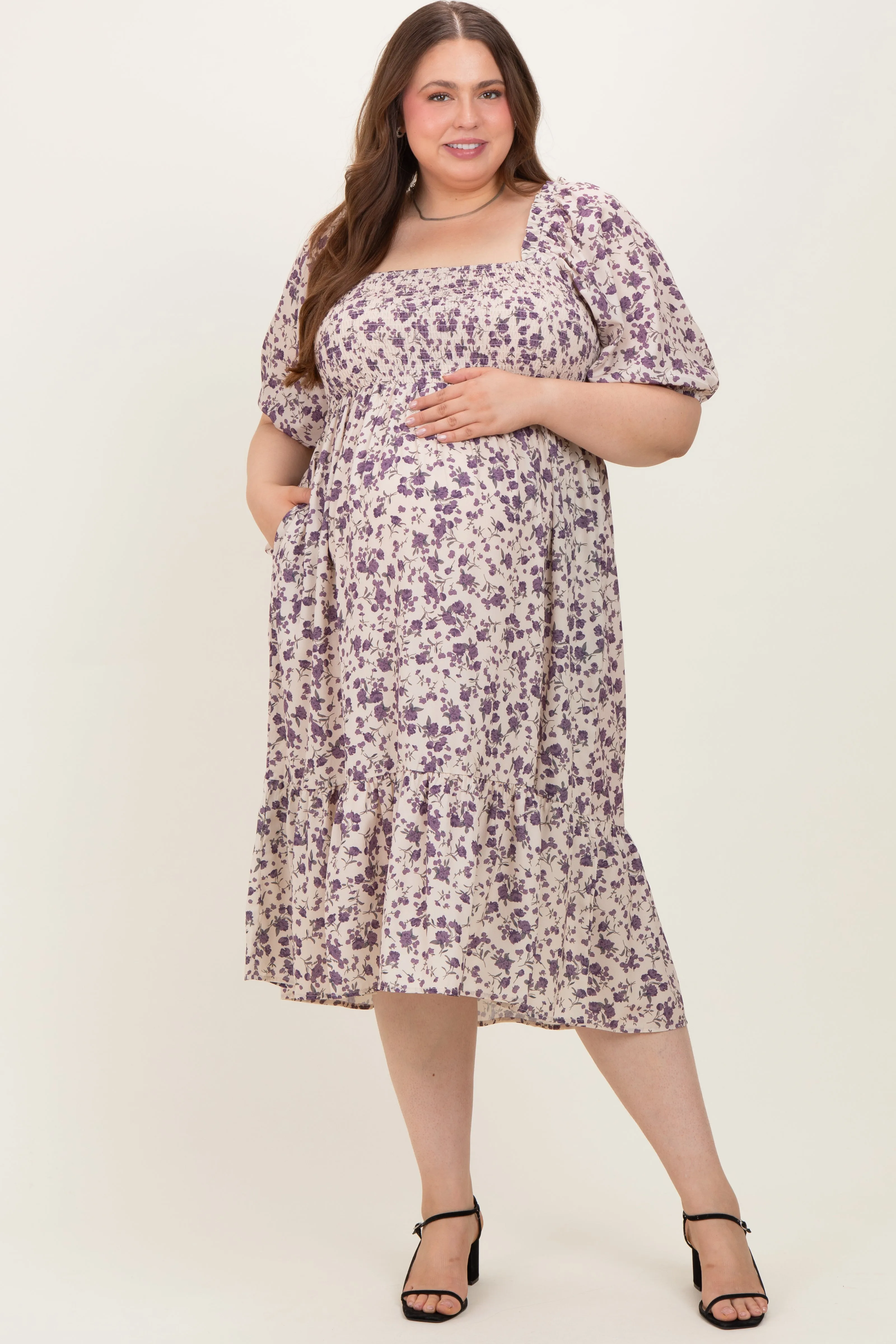 Cream Floral Smocked Maternity Plus Midi Dress sold by Pinkblush product image thumbnail 2