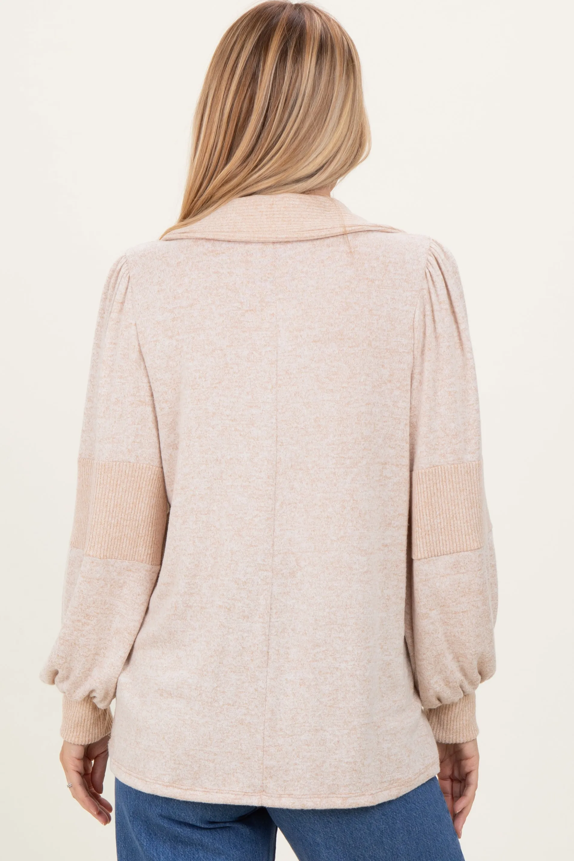 Beige Brushed Colorblock Long Sleeve Collared V-Neck Top sold by Pinkblush product image thumbnail 4