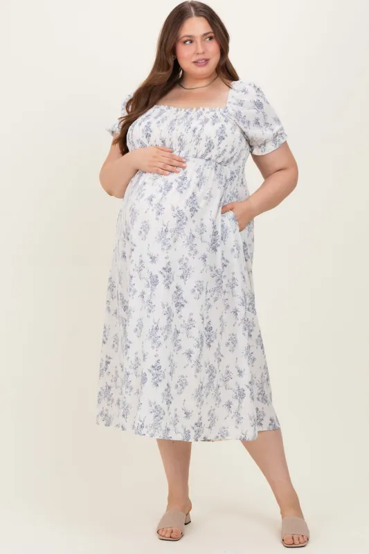 Ivory Floral Smocked Sweetheart Neckline Maternity Plus Midi Dress sold by Pinkblush