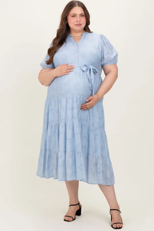 Light Blue Split Neckline Tiered Maternity Plus Midi Dress sold by Pinkblush
