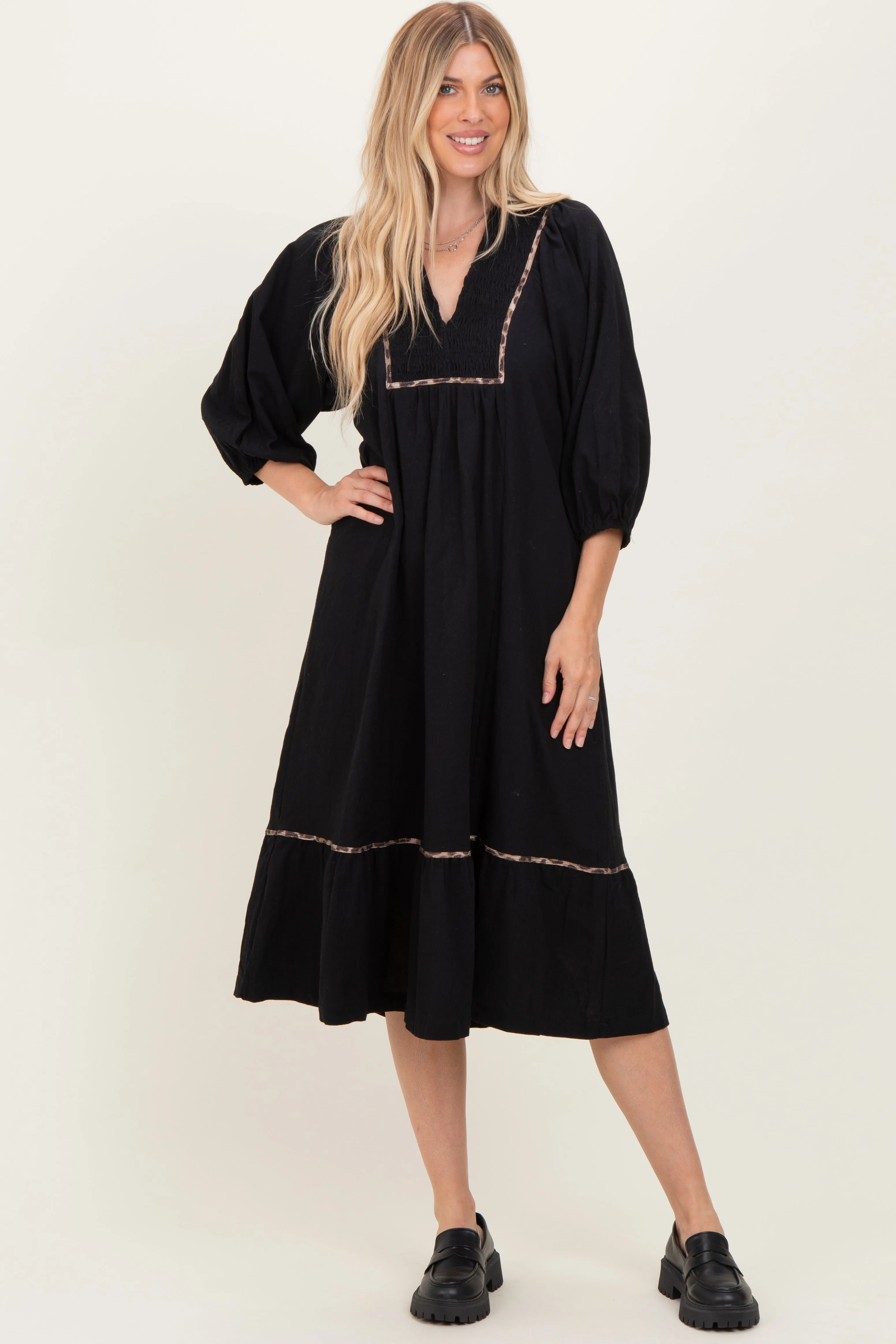 Black V-Neck Contrast Trim 3/4 Sleeve Midi Dress sold by Pinkblush