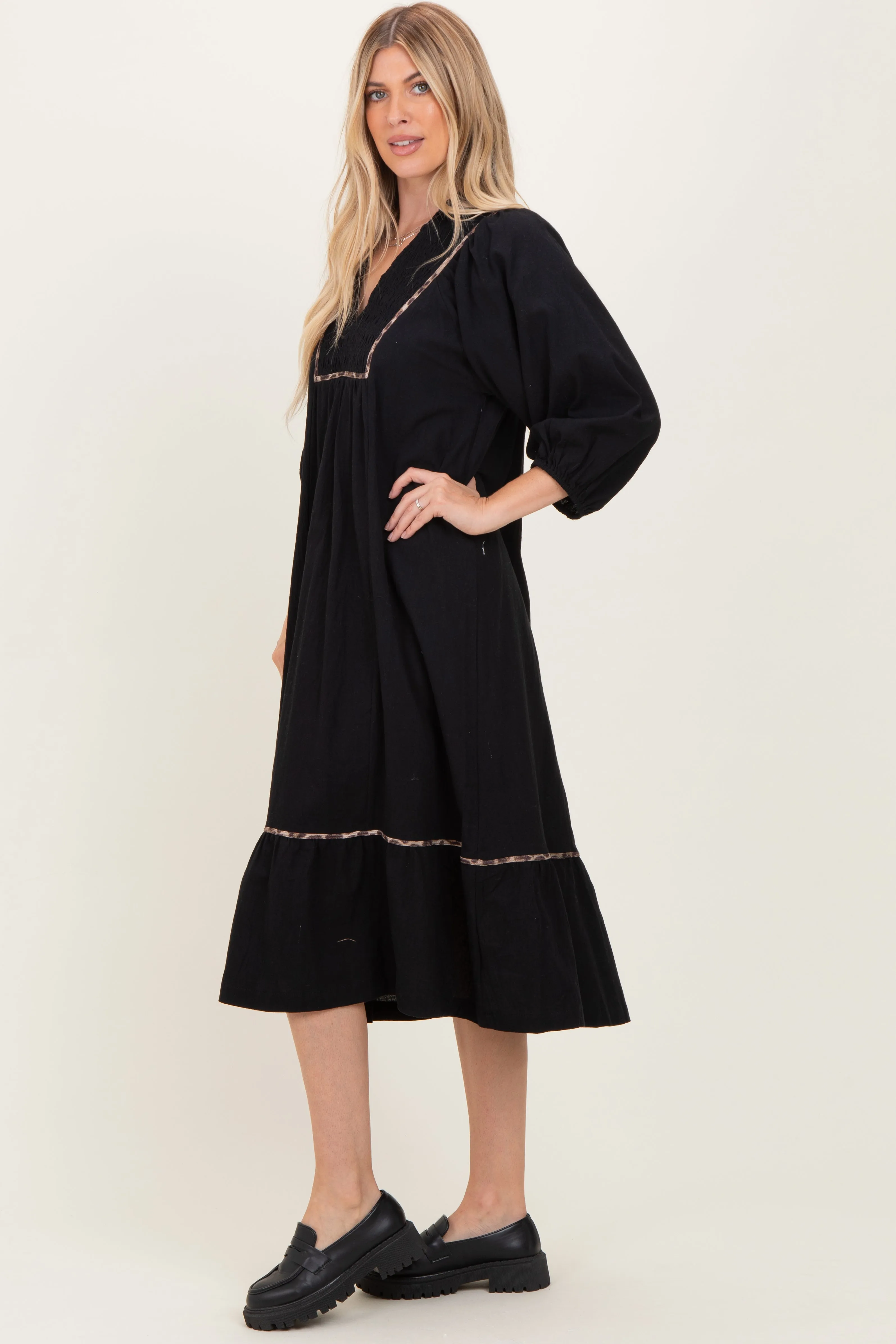 Black V-Neck Contrast Trim 3/4 Sleeve Midi Dress sold by Pinkblush product image thumbnail 2