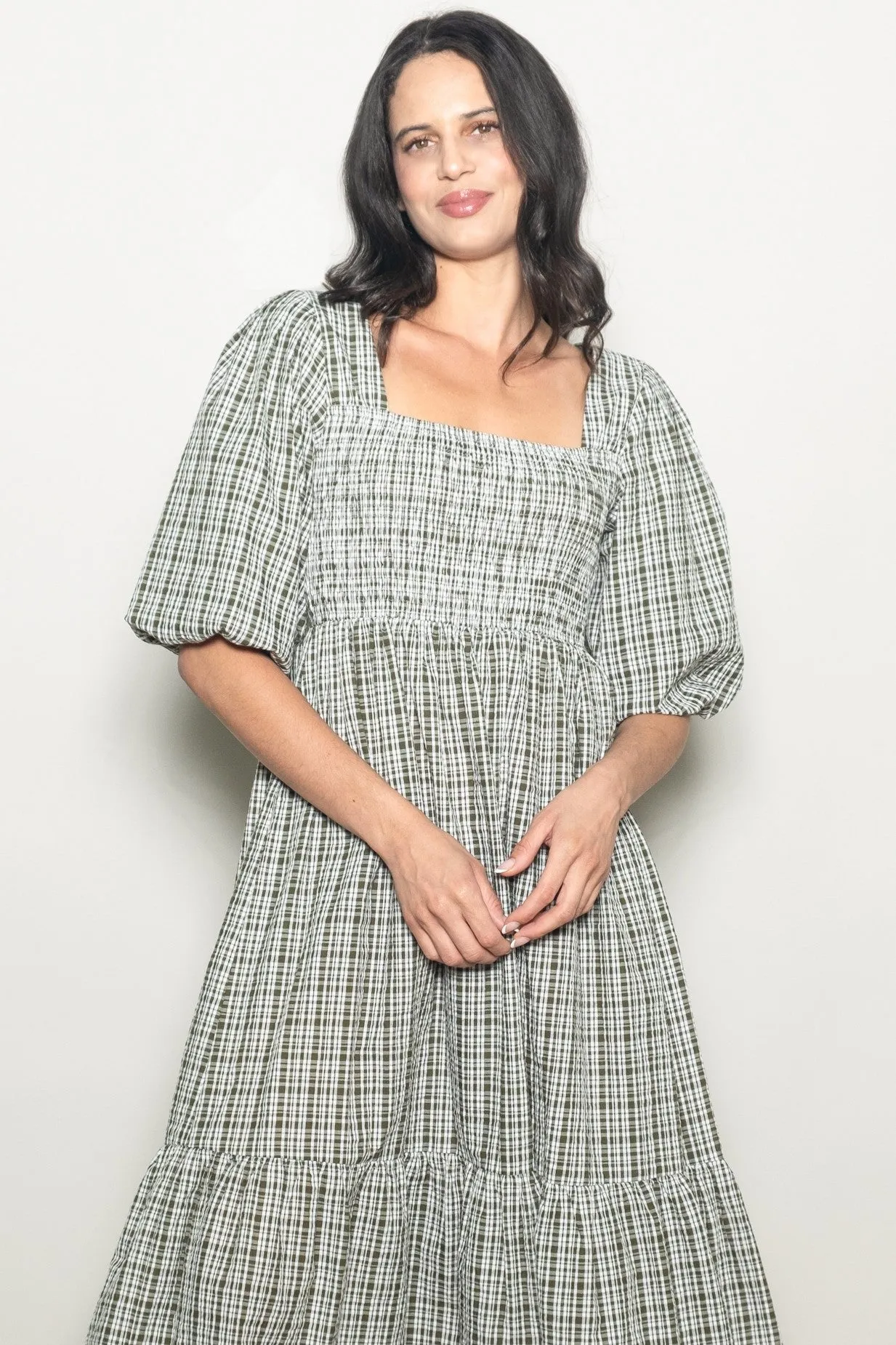 Sage Plaid Bubble Sleeve Dress sold by Pinkblush product image thumbnail 4