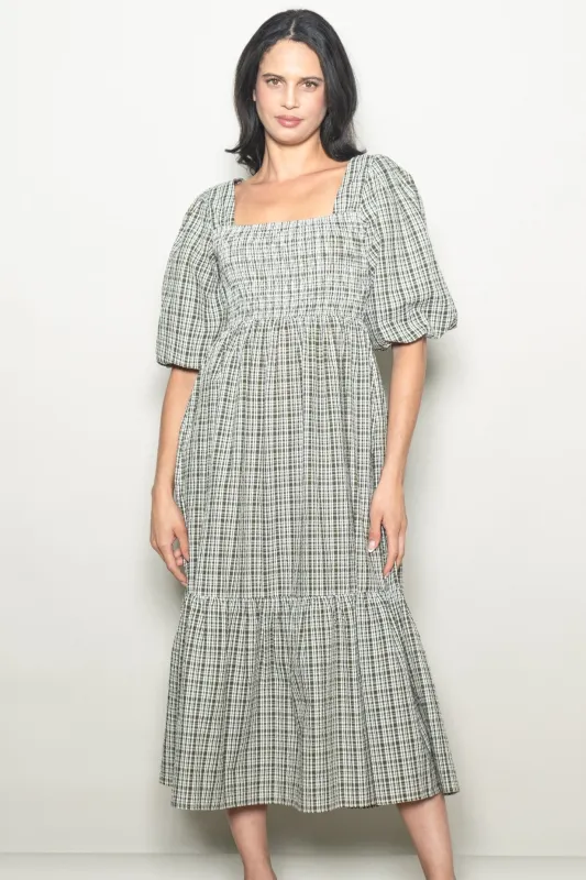 Sage Plaid  Bubble Sleeve Dress sold by Pinkblush