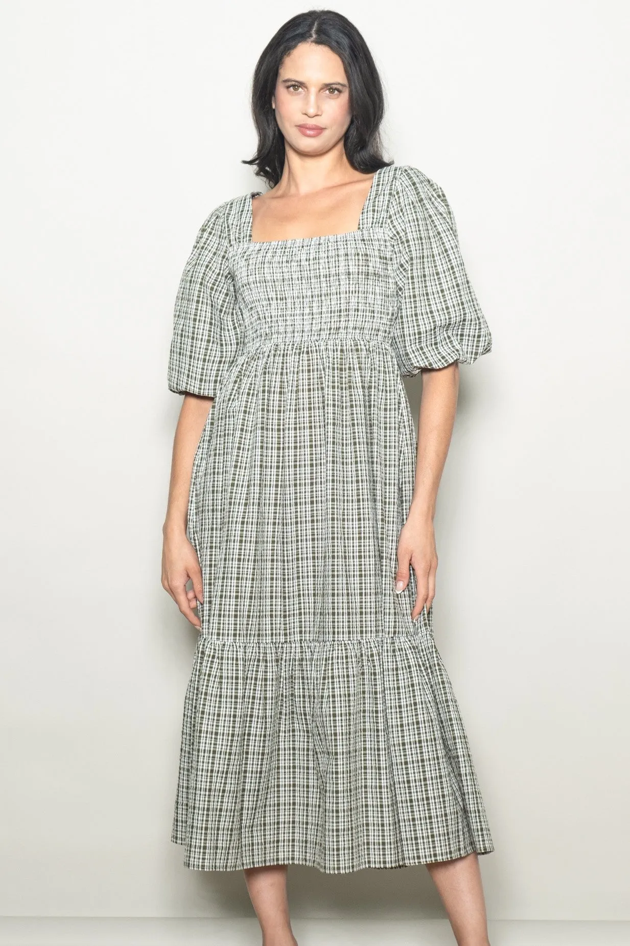 Sage Plaid Bubble Sleeve Dress sold by Pinkblush