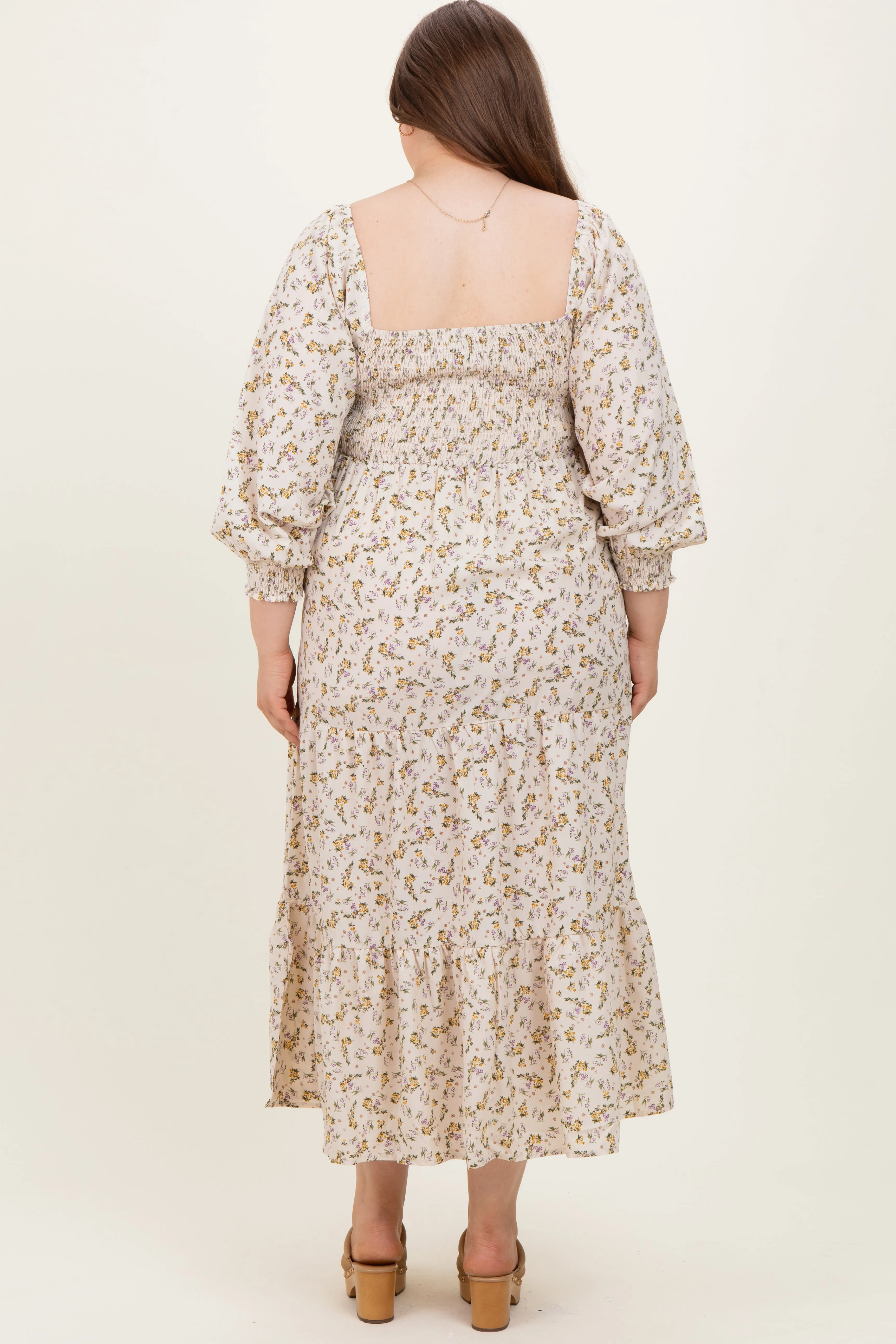 Cream Floral Smocked Long Sleeve Maternity Plus Maxi Dress sold by Pinkblush product image thumbnail 2