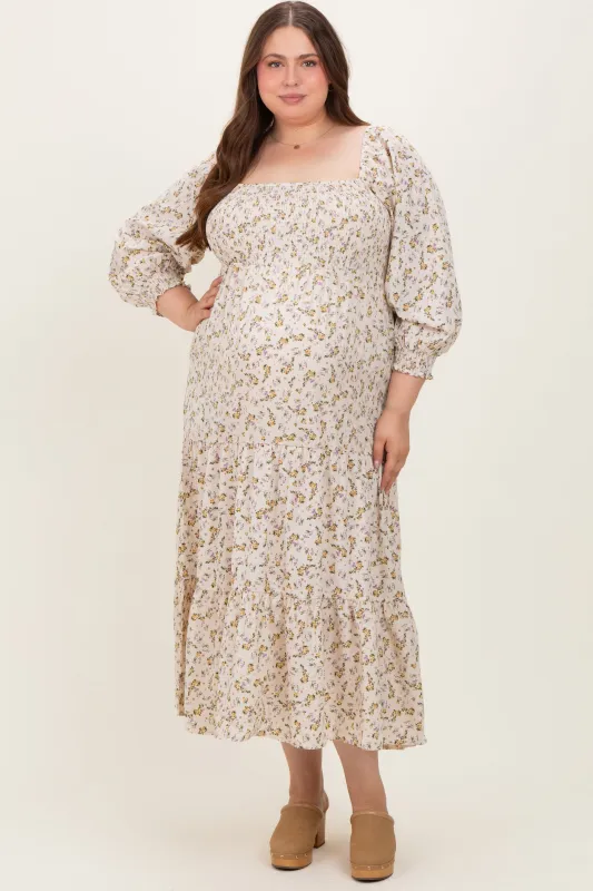 Cream Floral Smocked Long Sleeve Maternity Plus Maxi Dress sold by Pinkblush