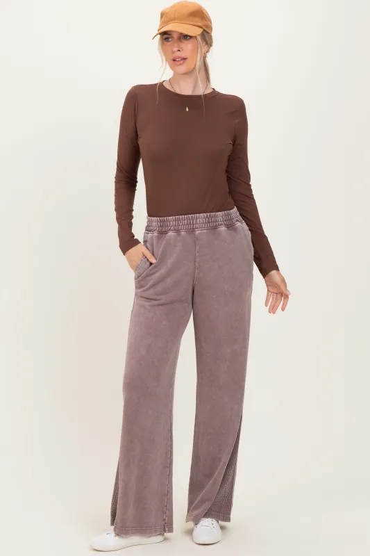 Mocha Mineral Wash Waffle Knit Contrast Lounge Pants sold by Pinkblush