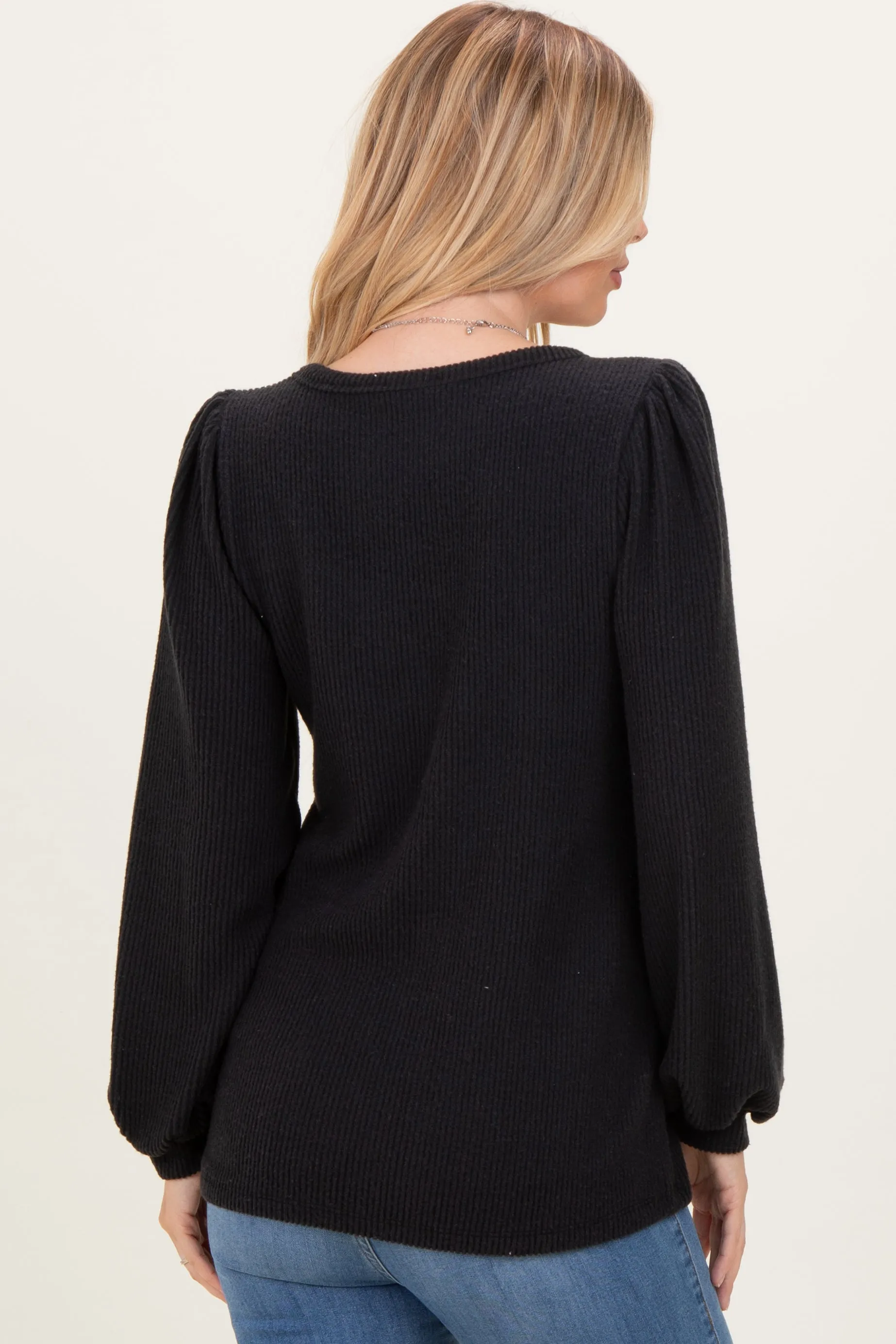 Black Solid Ribbed Long Sleeve V-Neck Tunic Top sold by Pinkblush product image thumbnail 4