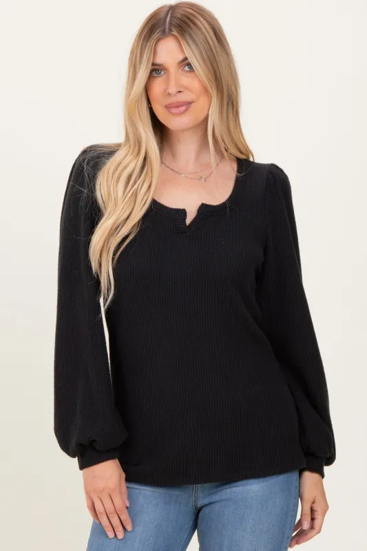 Black Solid Ribbed Long Sleeve V-Neck Tunic Top sold by Pinkblush