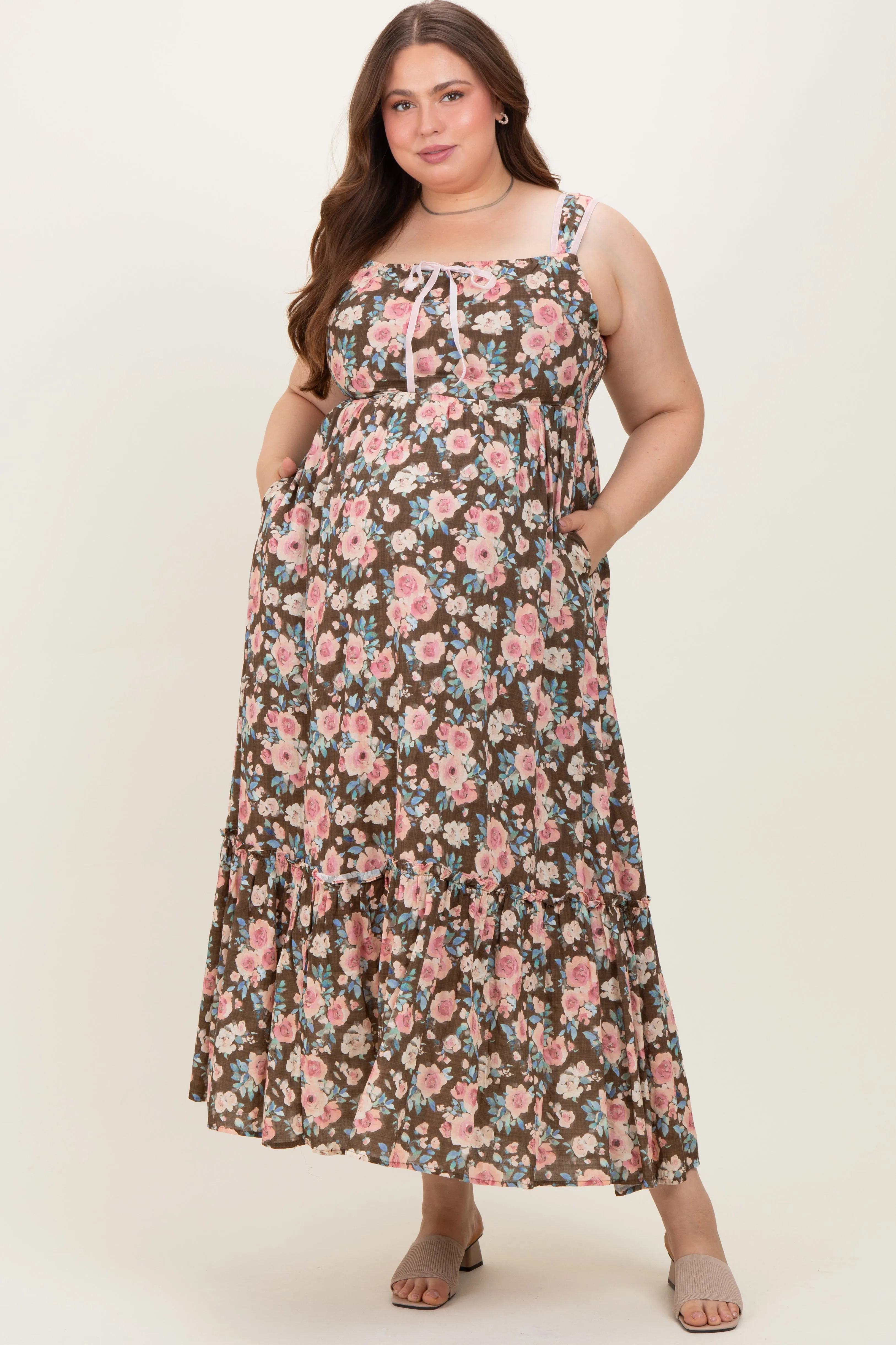 Mocha Pink Plus Textured Light Weight Straps Maternity Midi Dress sold by Pinkblush