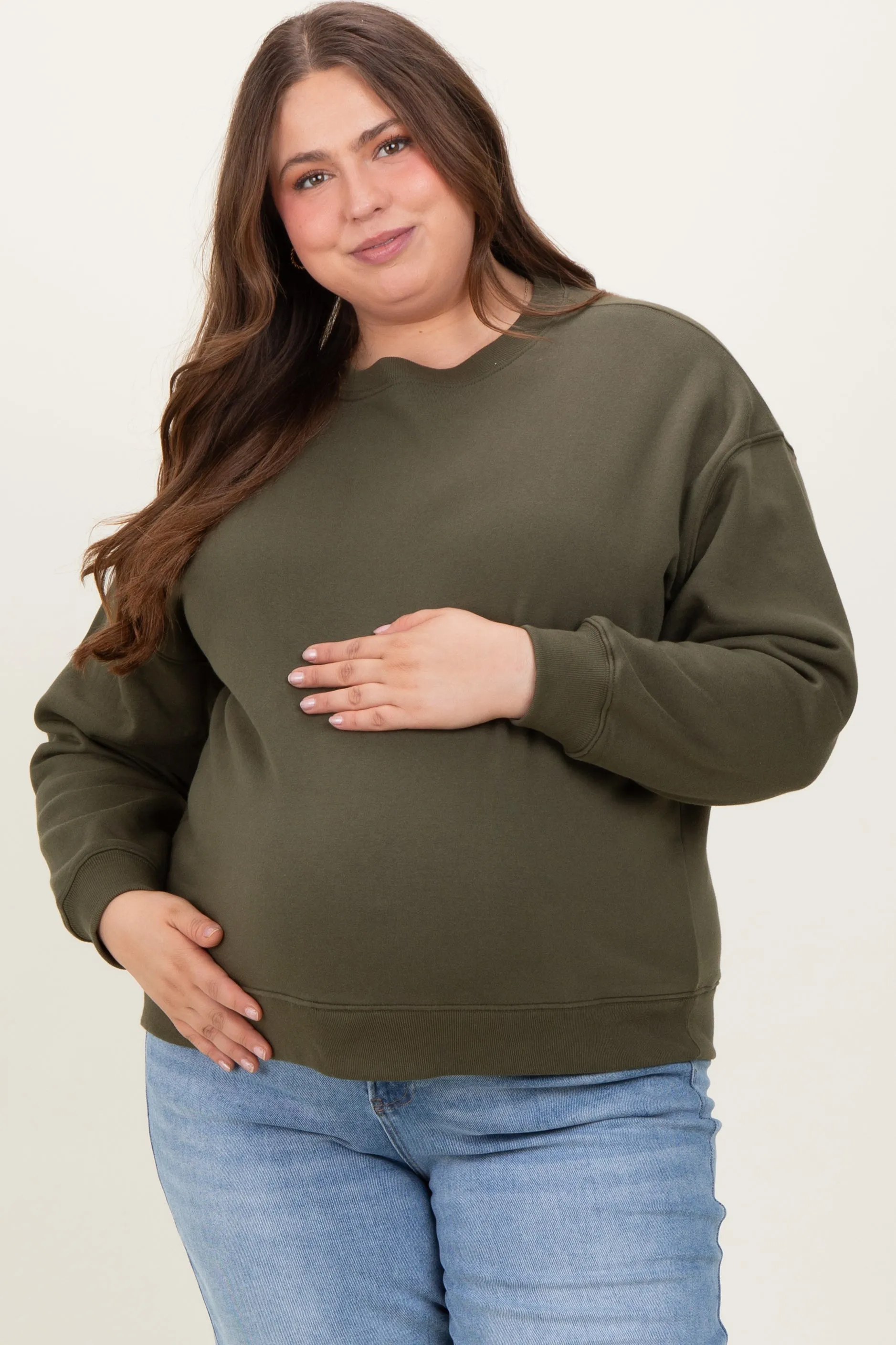Olive Basic Fleece Crewneck Maternity Sweatshirt sold by Pinkblush
