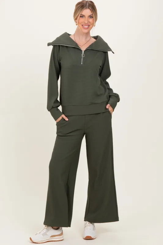 Olive Ribbed Half Zip Pullover Wide Leg Pant Set sold by Pinkblush