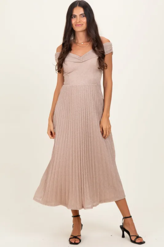 Beige Shimmer Off Shoulder Pleated Midi Dress sold by Pinkblush