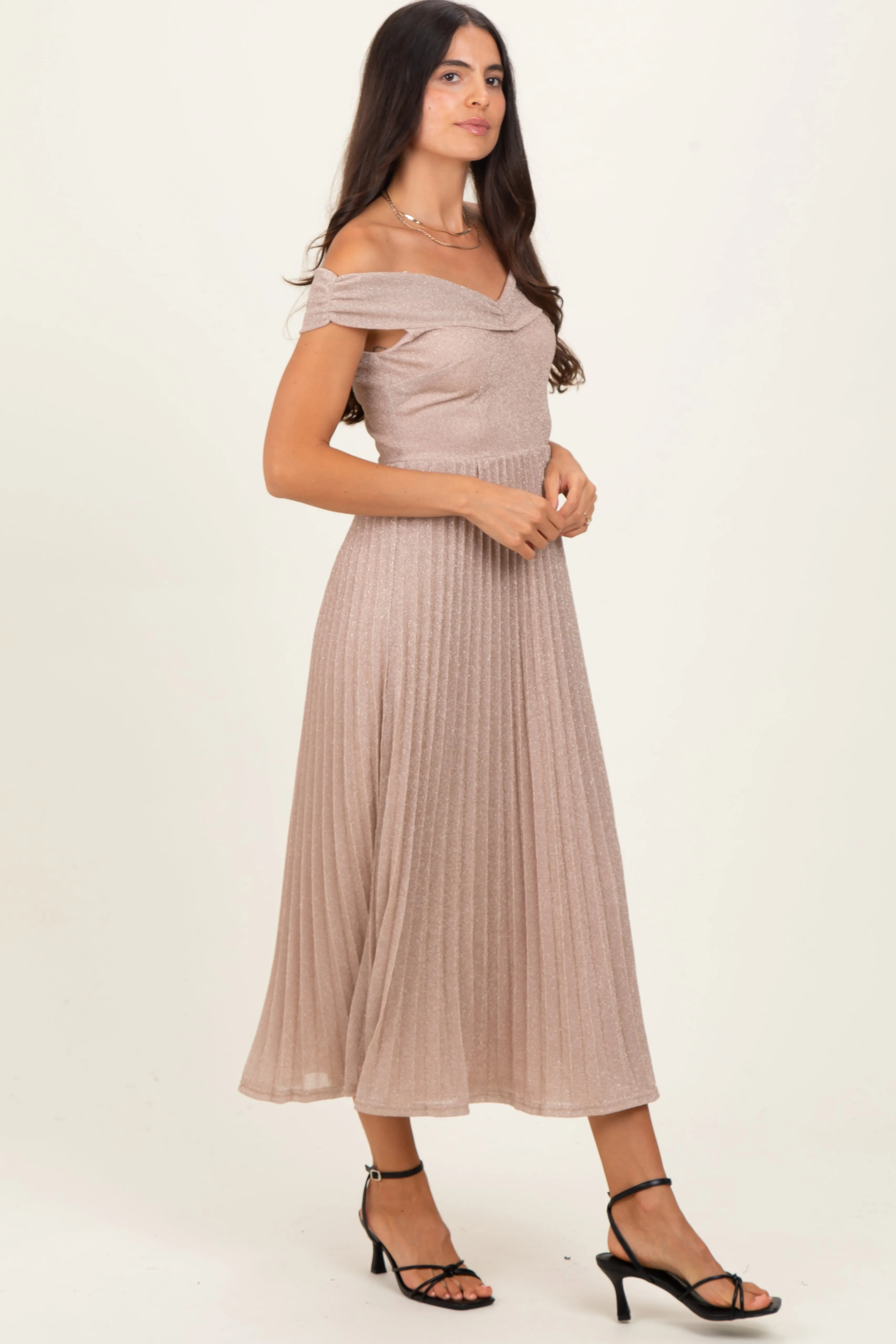 Beige Shimmer Off Shoulder Pleated Midi Dress sold by Pinkblush product image thumbnail 2